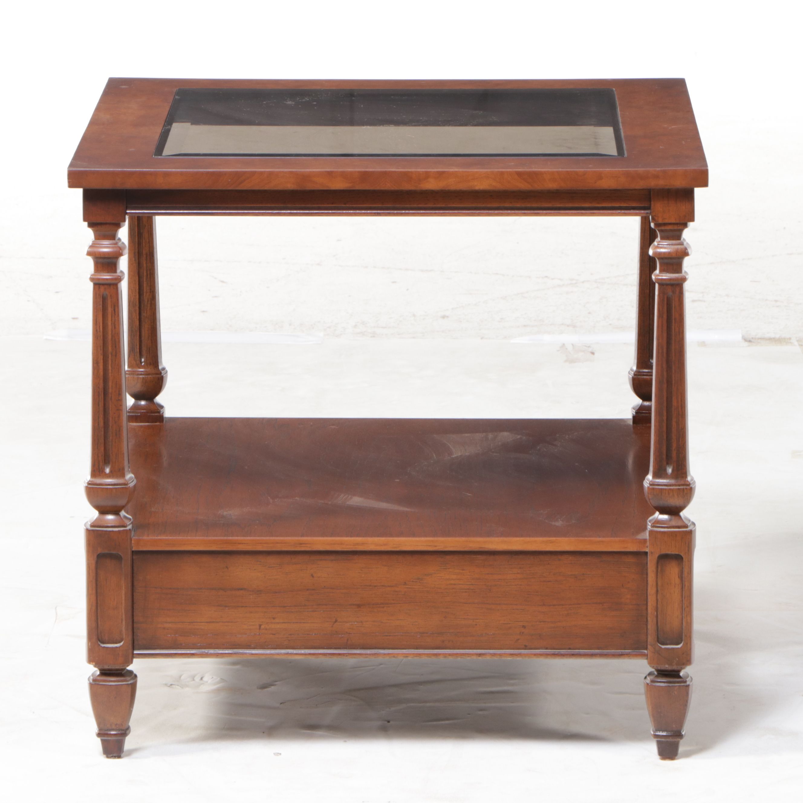 Thomasville Regency Style Glass Top Walnut End Table, Late 20th Century