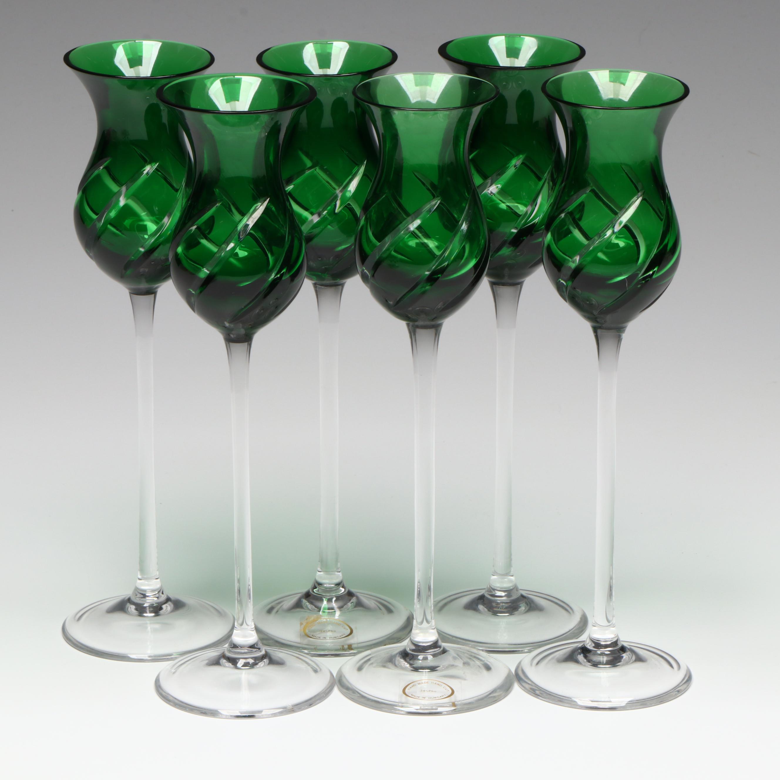 Hungarian Green Flash Swirl Etched Crystal Liquor Cocktail Glasses