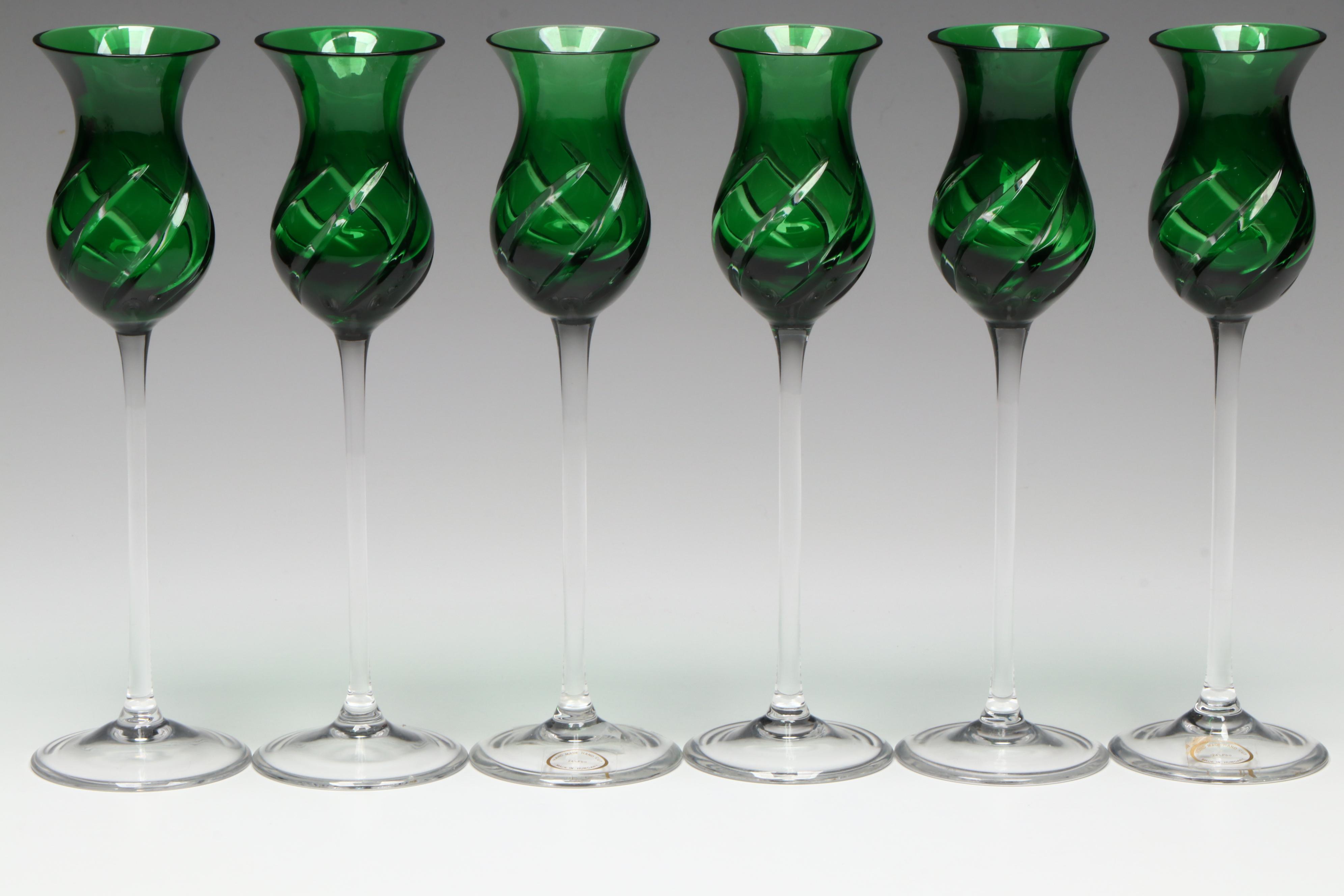 Hungarian Green Flash Swirl Etched Crystal Liquor Cocktail Glasses