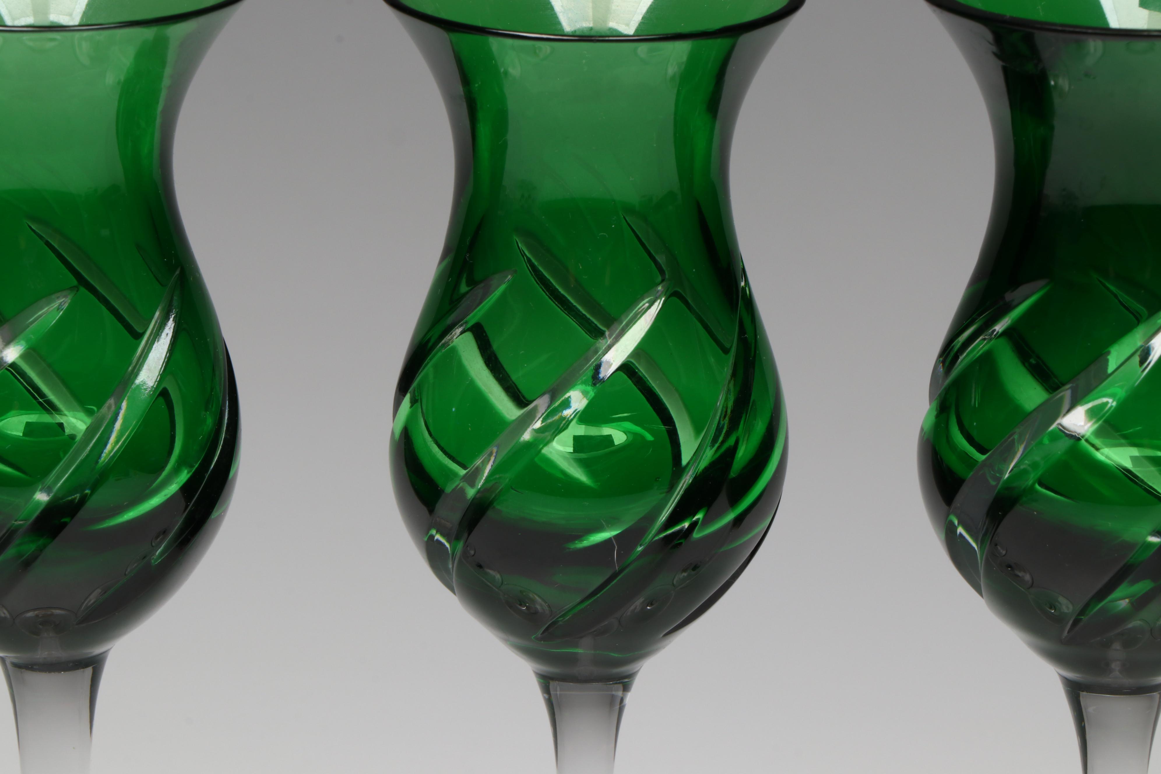 Hungarian Green Flash Swirl Etched Crystal Liquor Cocktail Glasses