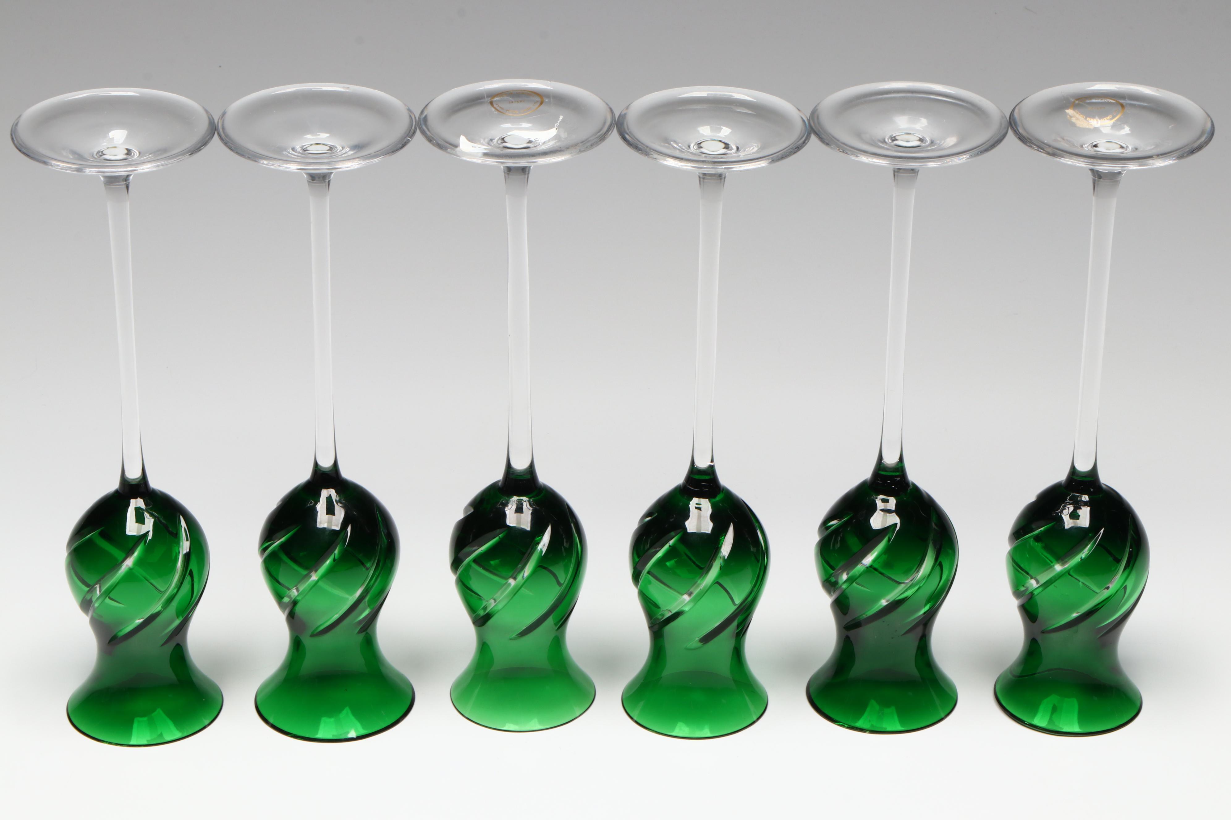 Hungarian Green Flash Swirl Etched Crystal Liquor Cocktail Glasses