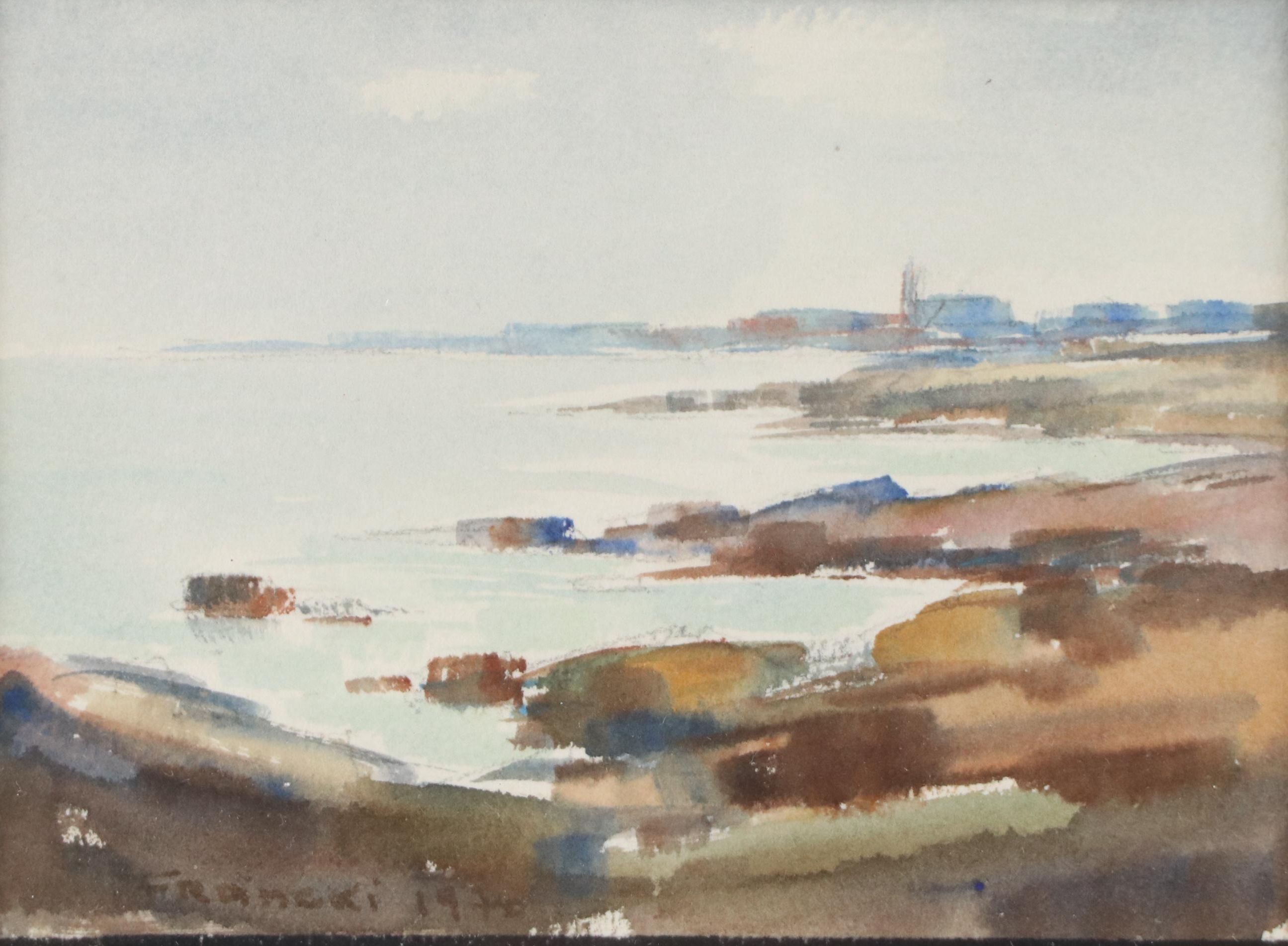 Jacques Francki Coastal Watercolor Painting of Rocky Shoreline, 1972