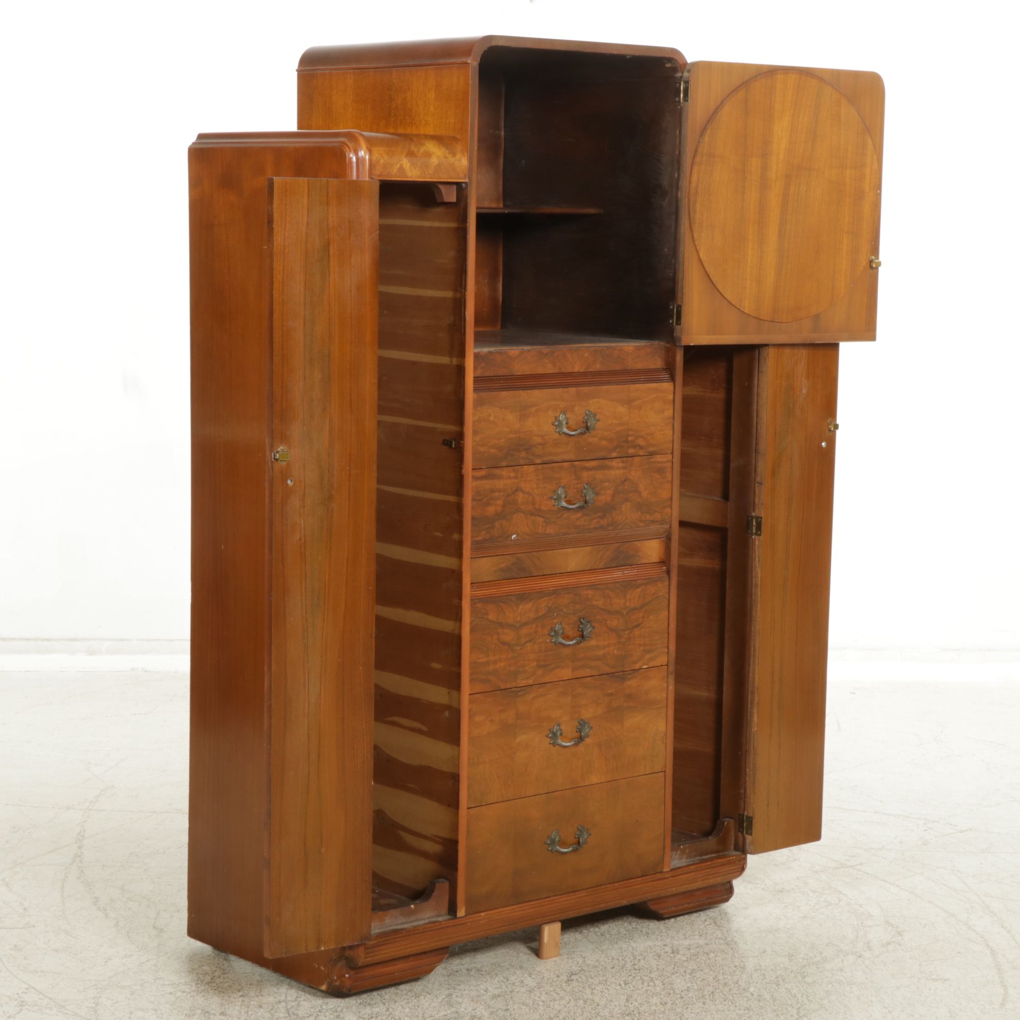 Art Deco Chifferobe Chest with Geometric Wood Veneer