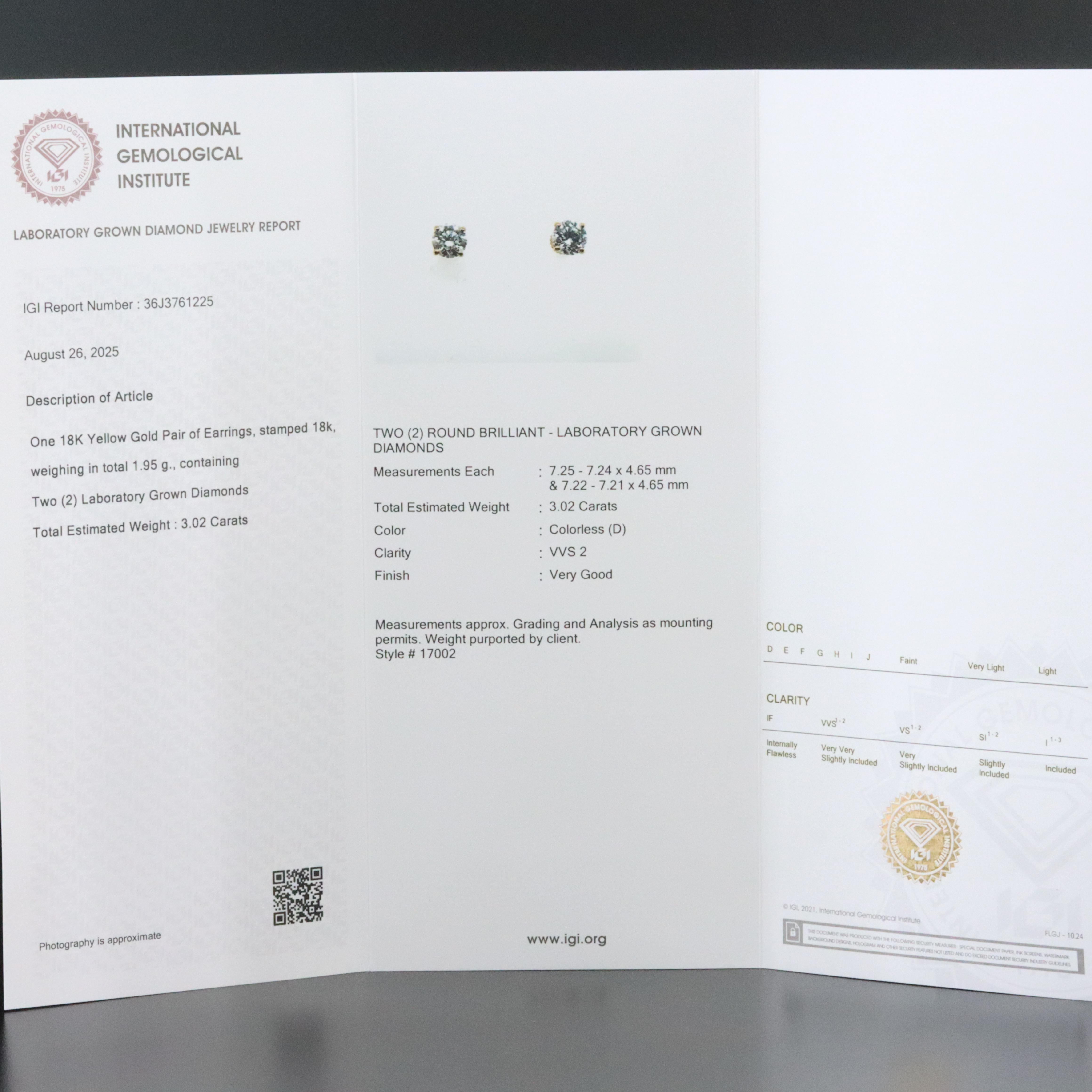 18K 3.02 CTW Lab Grown Diamond Earrings with IGI Jewelry Report