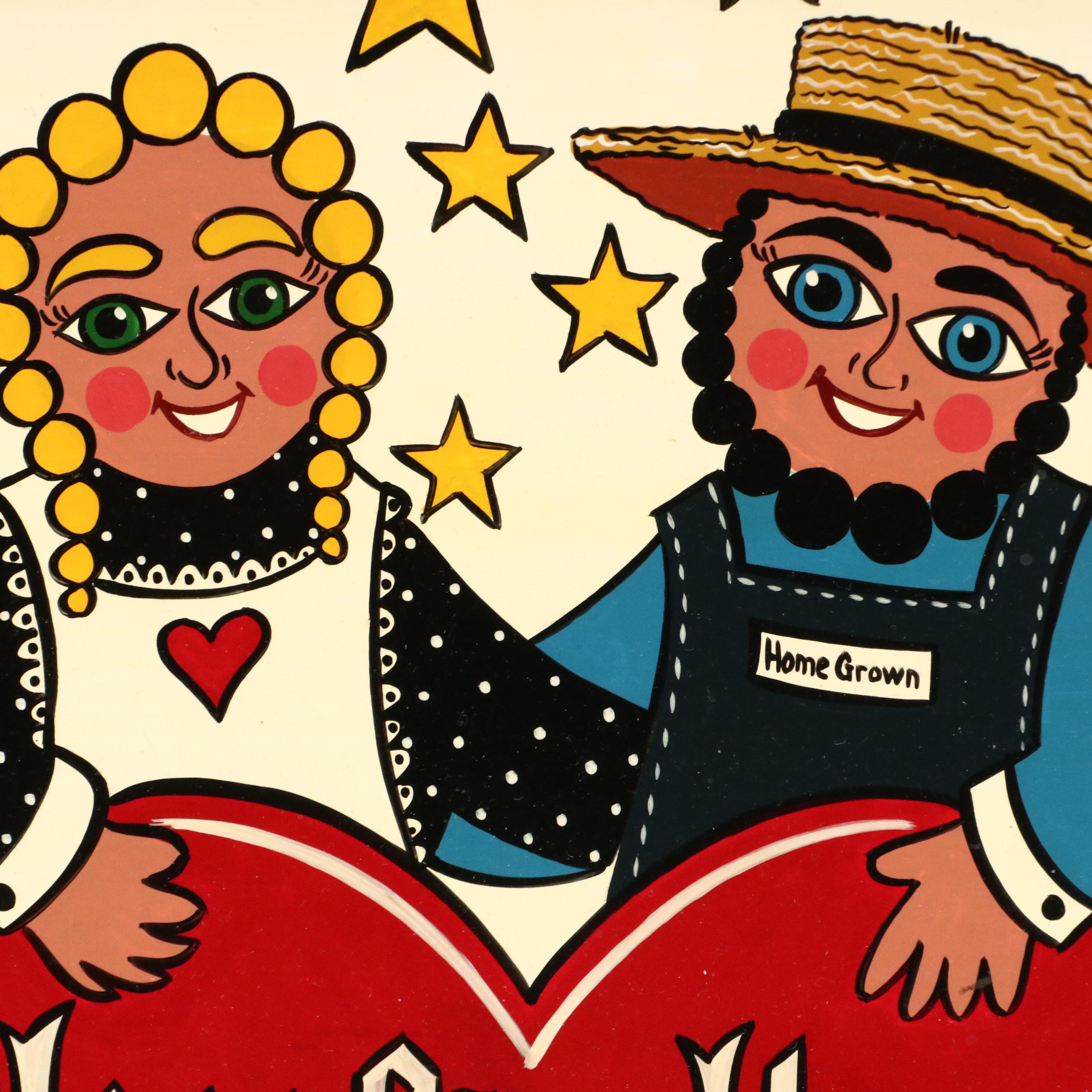 Ivan E. Hoyt Pennsylvania Dutch Acrylic Painting and Handmade Frame, 1995