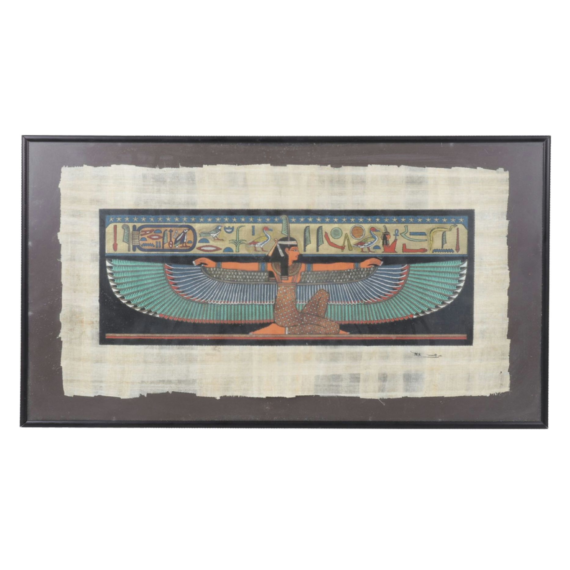 Egyptian Styled Souvenir Gouache Paintings on Papyrus Depicting The Goddess Iris