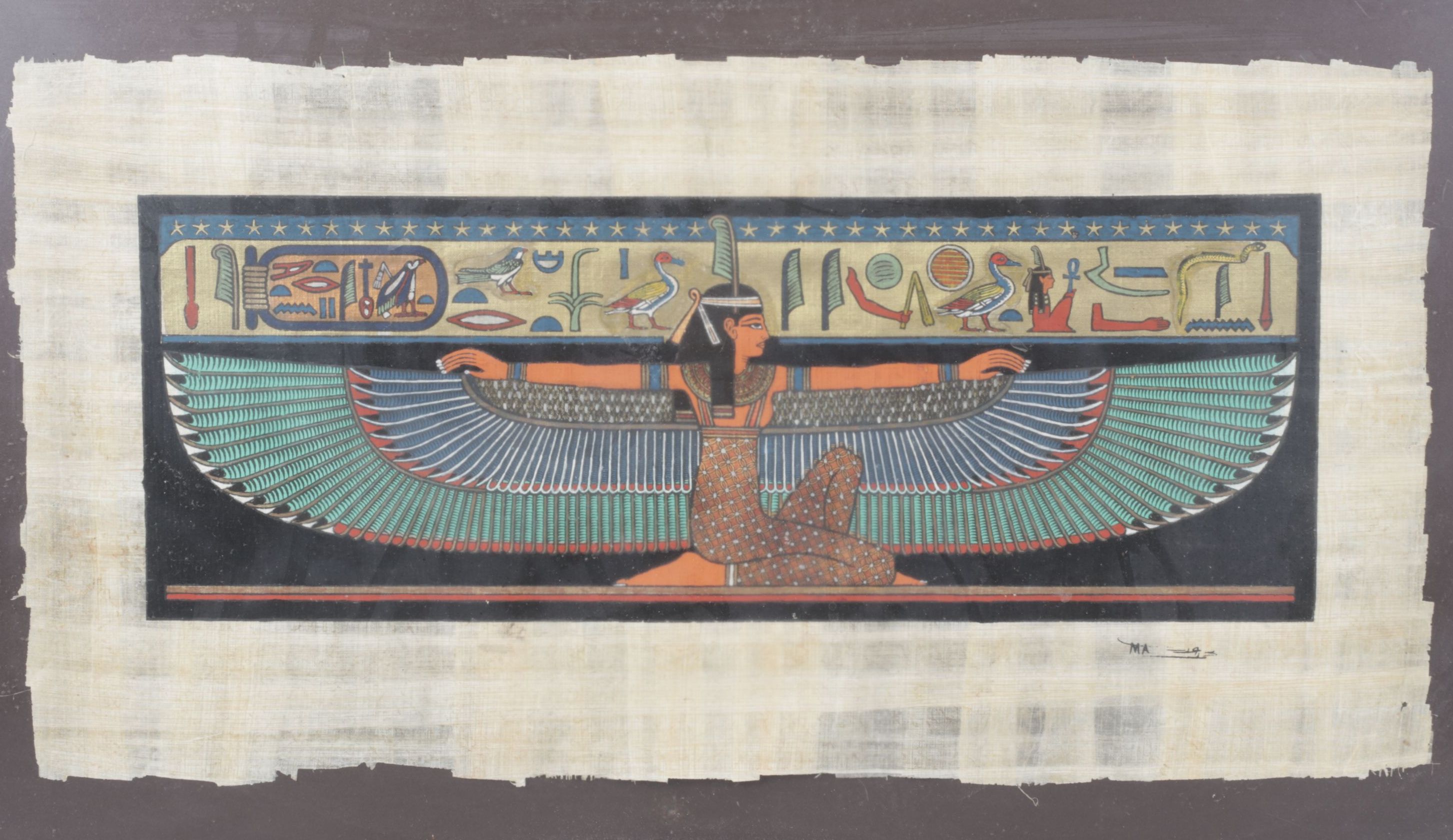 Egyptian Styled Souvenir Gouache Paintings on Papyrus Depicting The Goddess Iris