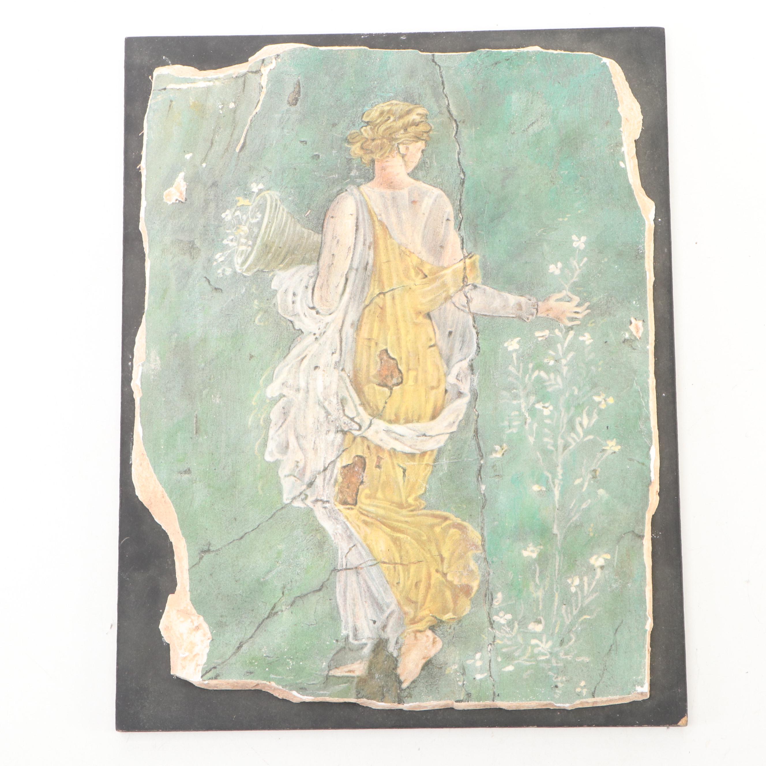 Italian Classical Style Female Ceramic Tile with Carved Wood Wall Hanging