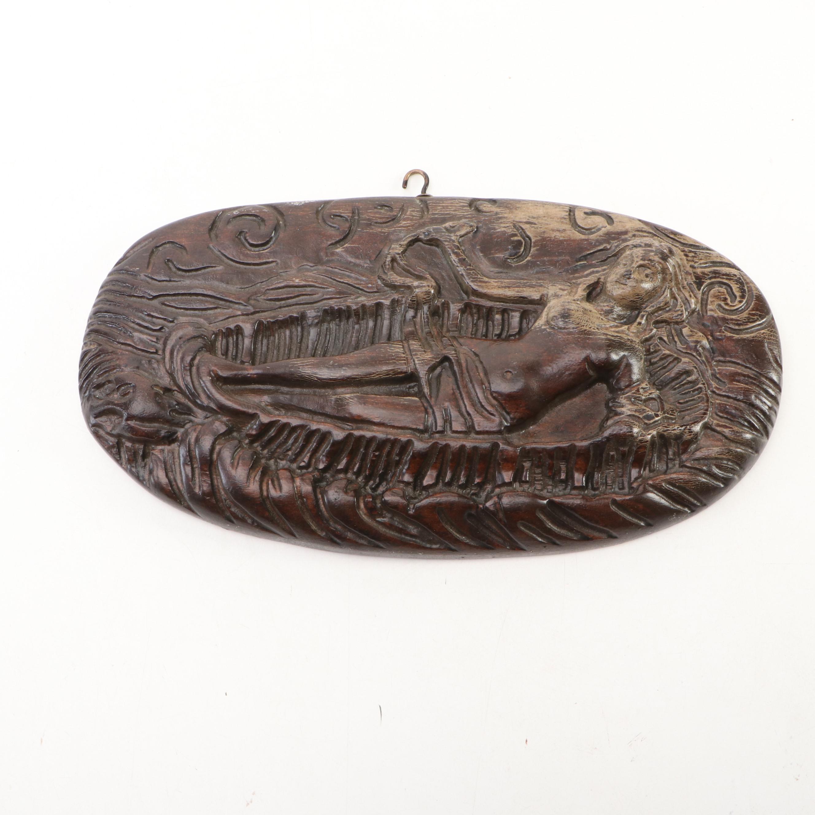 Italian Classical Style Female Ceramic Tile with Carved Wood Wall Hanging