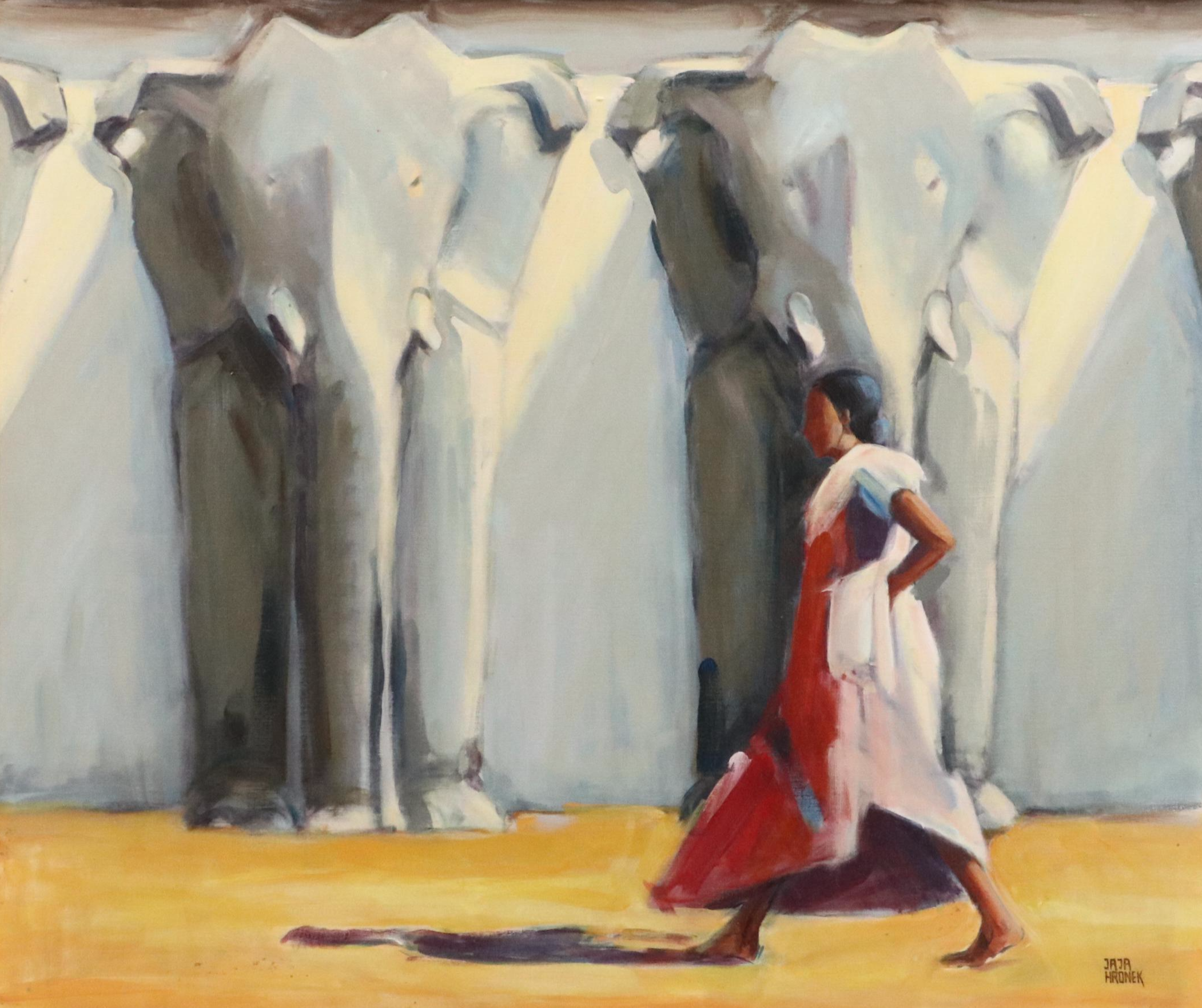 Attributed to Jaja Hronek Kracmar Oil Painting "Elephant Wall in India," 1981