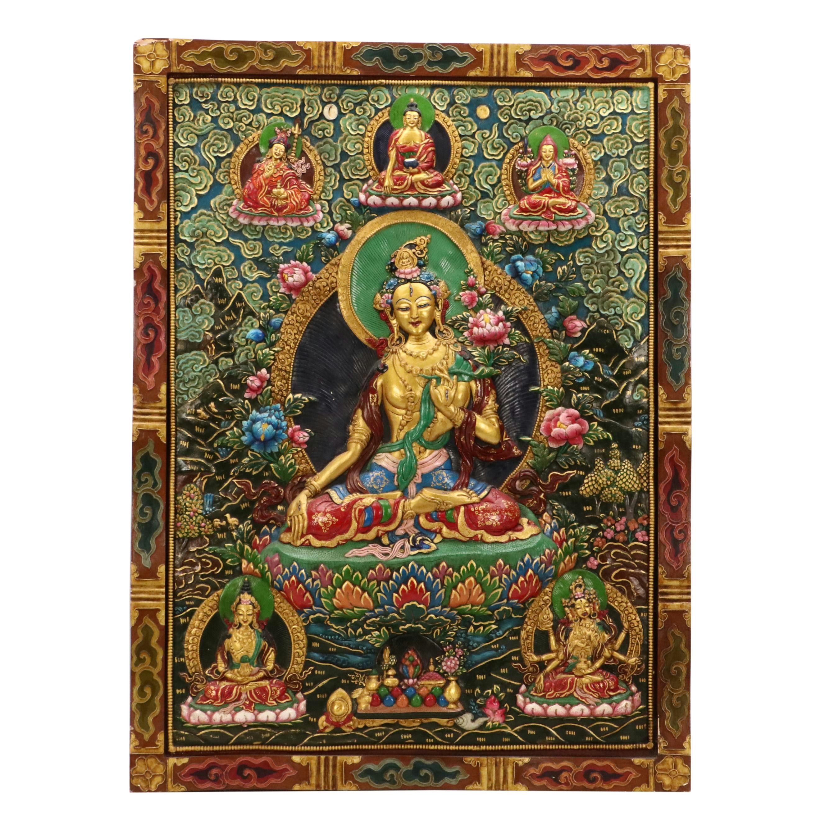 Tibetan Buddhist Hand-Painted Carved Wood Panels