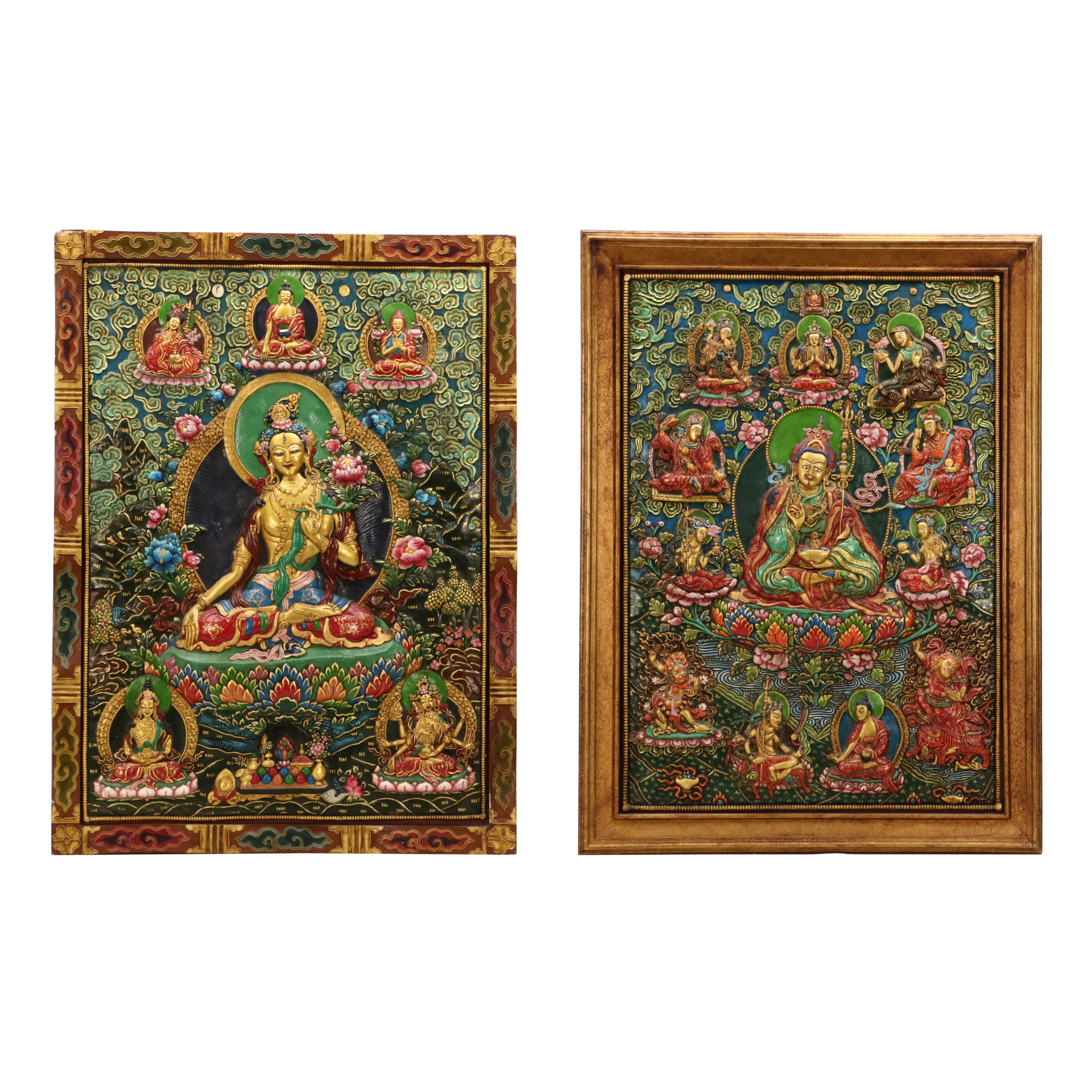Tibetan Buddhist Hand-Painted Carved Wood Panels