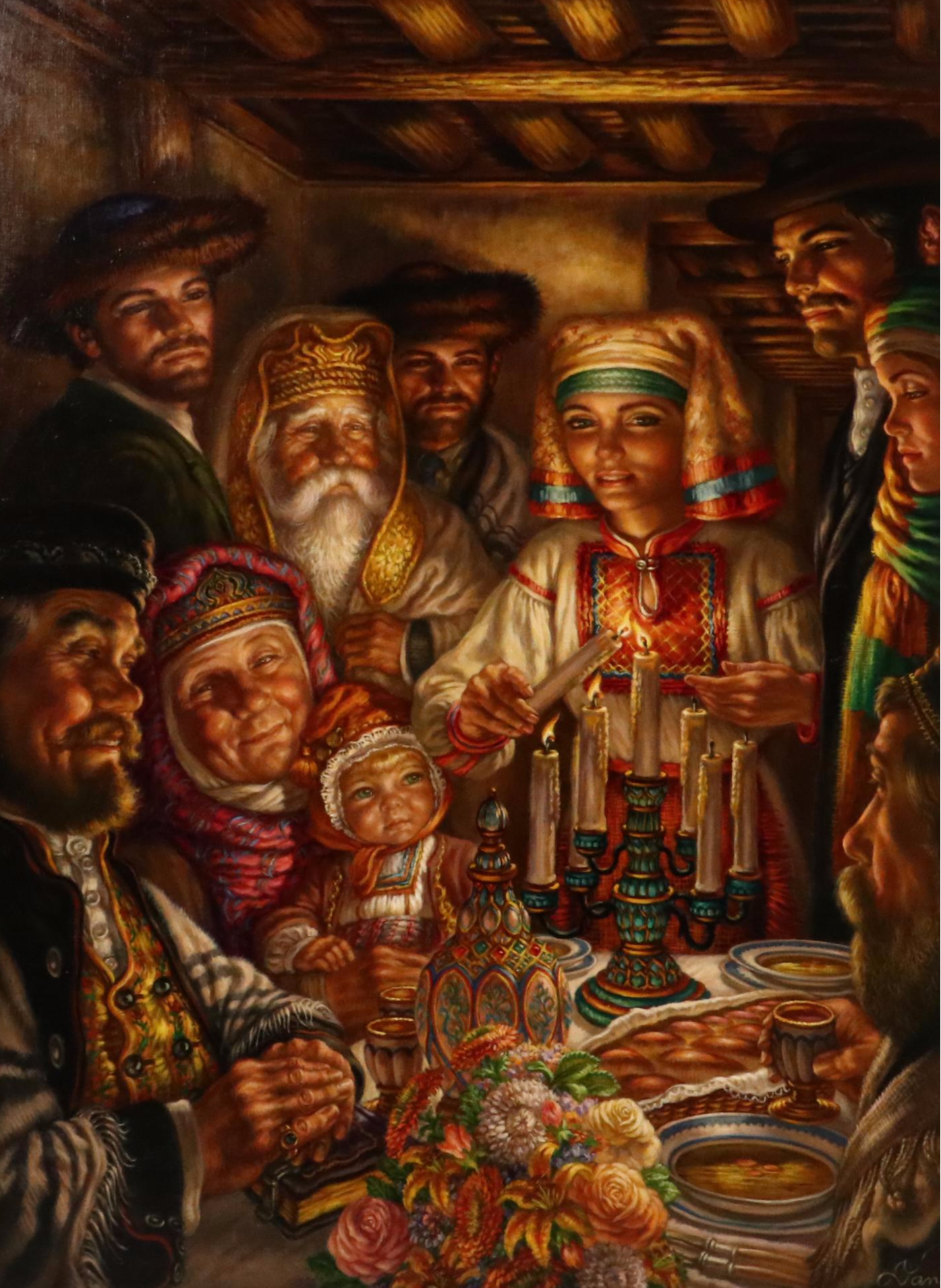 Virginia Dan Oil Painting of Family Feast Scene, Late 20th Century