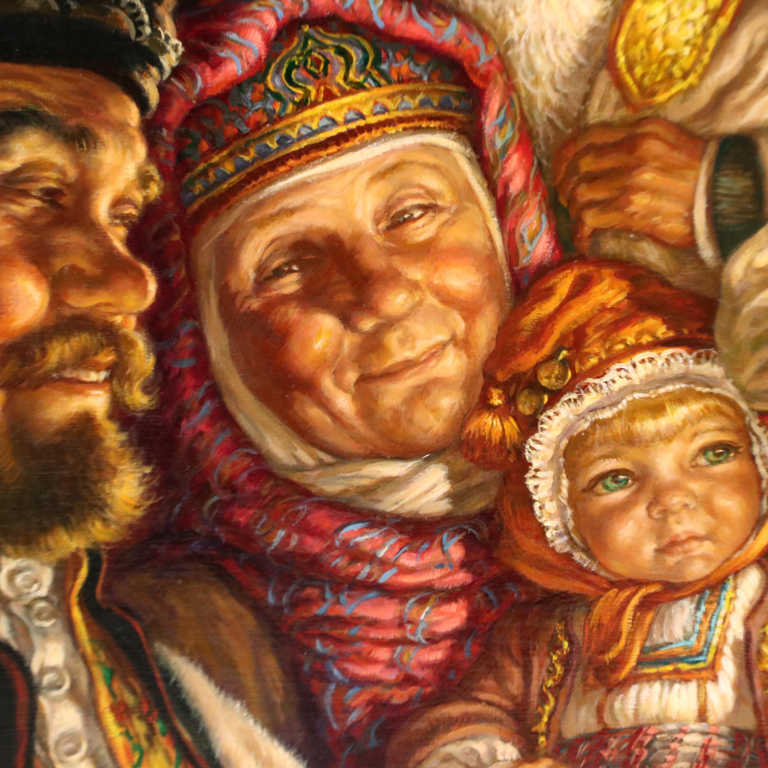 Virginia Dan Oil Painting of Family Feast Scene, Late 20th Century