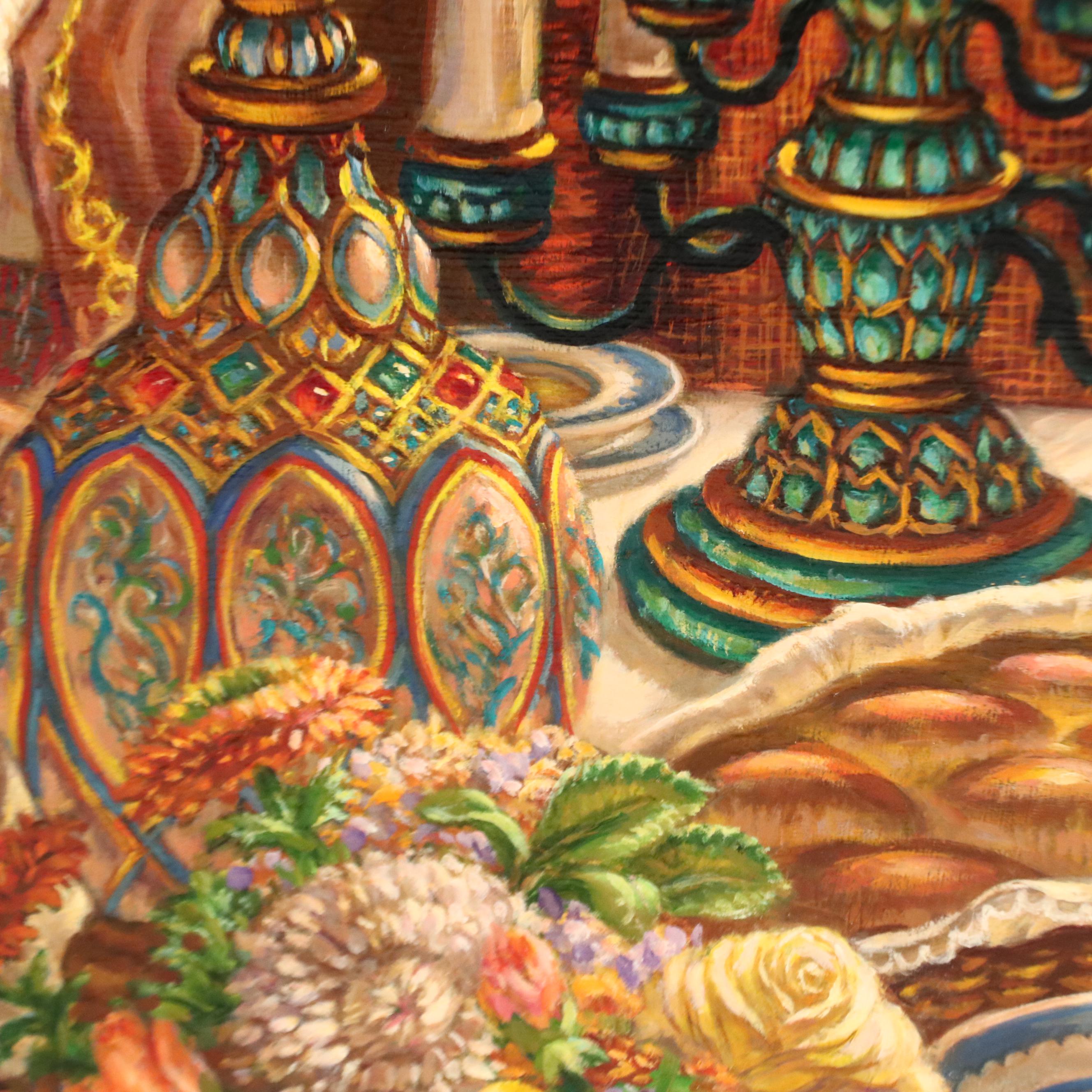 Virginia Dan Oil Painting of Family Feast Scene, Late 20th Century