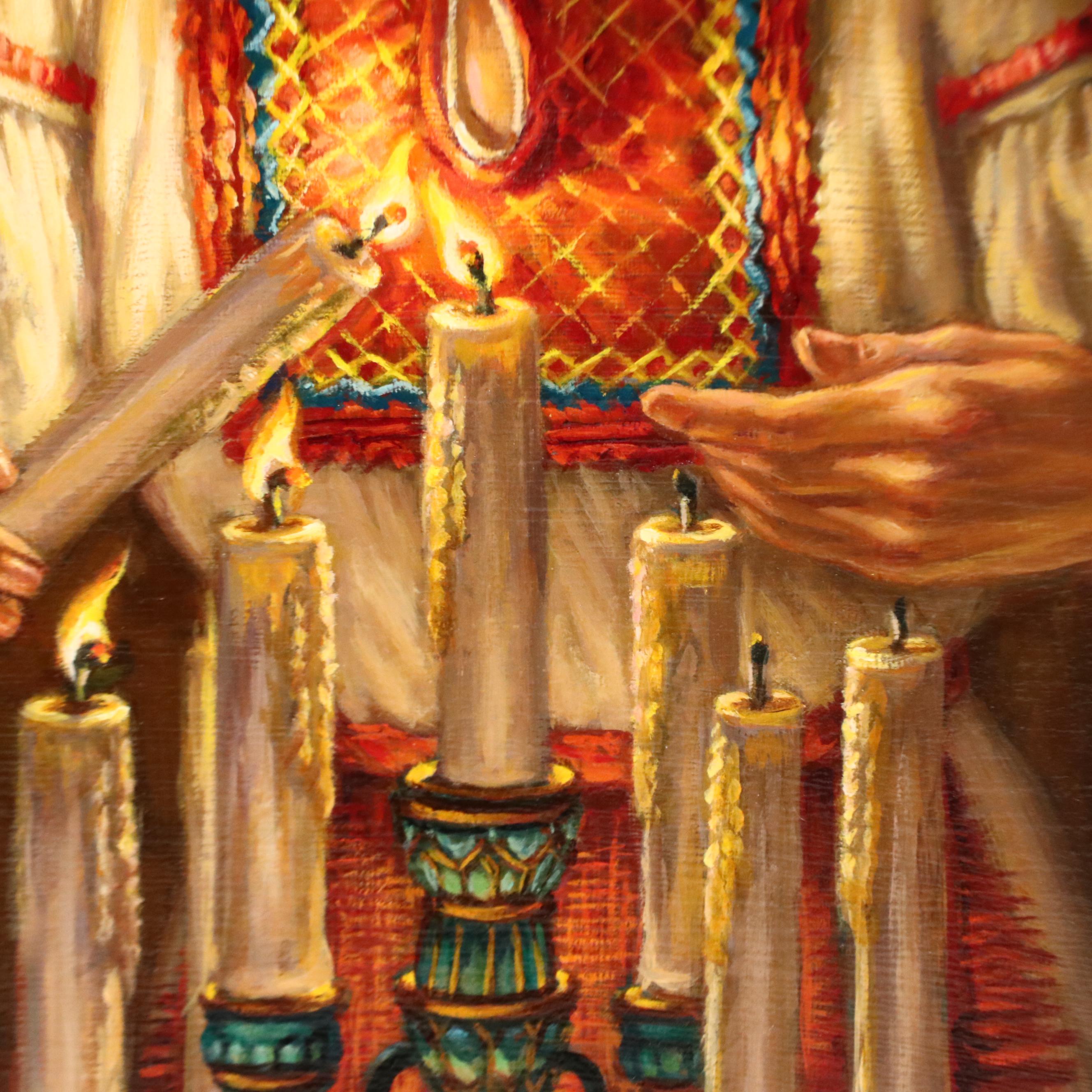 Virginia Dan Oil Painting of Family Feast Scene, Late 20th Century