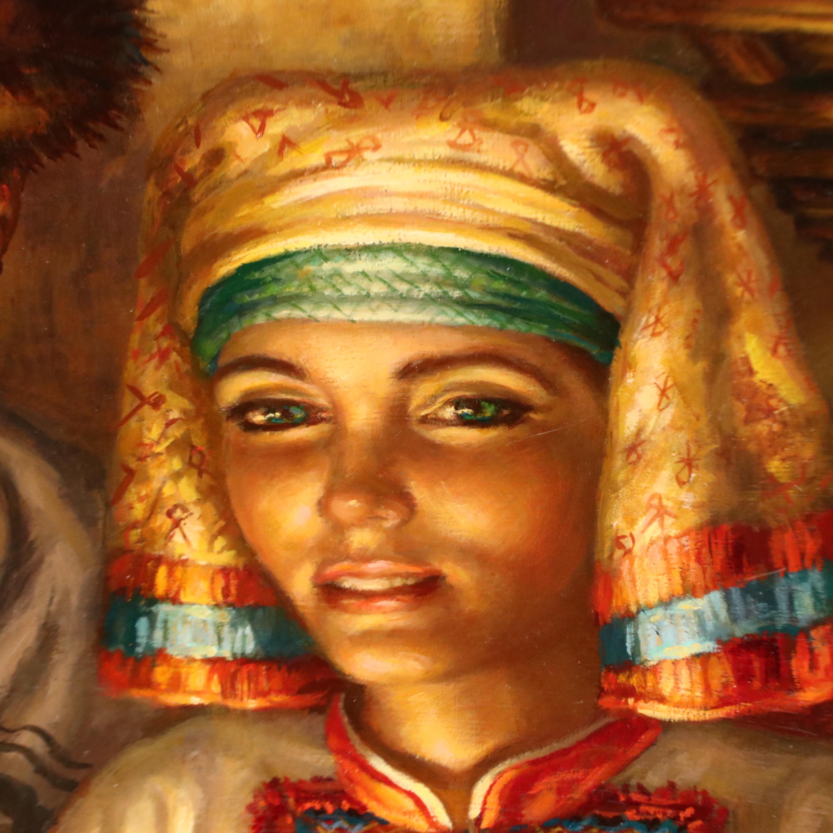 Virginia Dan Oil Painting of Family Feast Scene, Late 20th Century