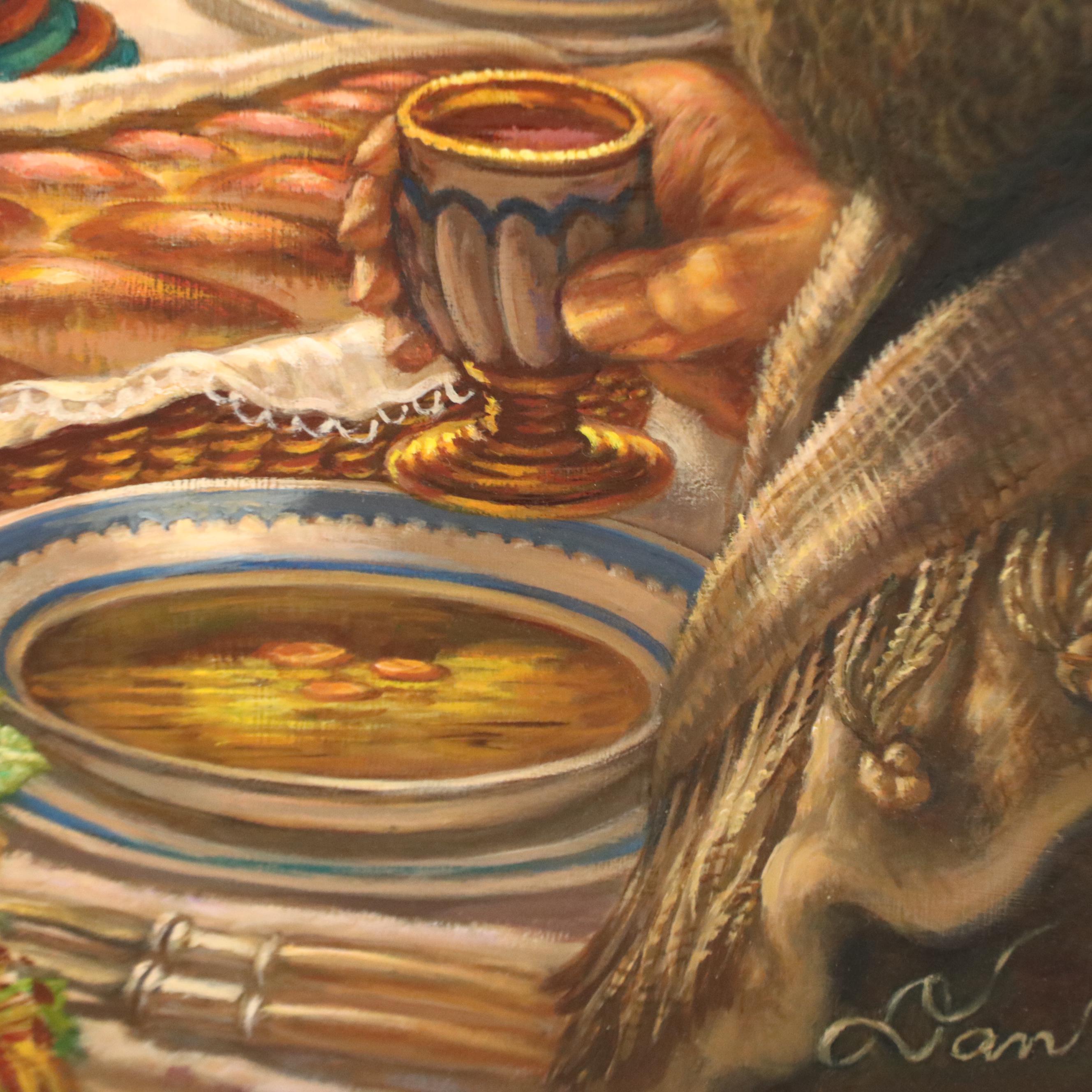 Virginia Dan Oil Painting of Family Feast Scene, Late 20th Century