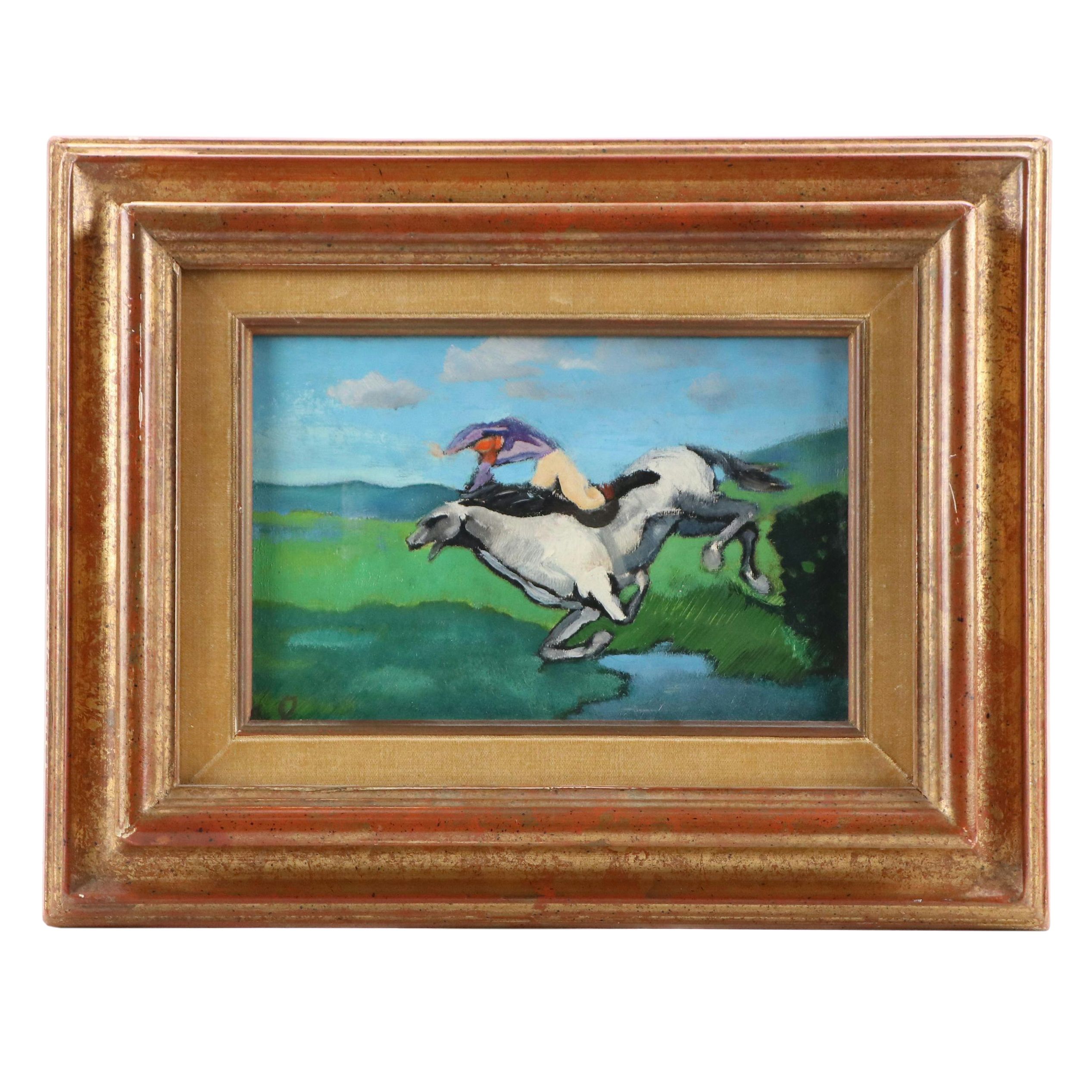 Emmanuel Lamotte Equestrian Oil Painting "Chute de Cheval," 20th Century