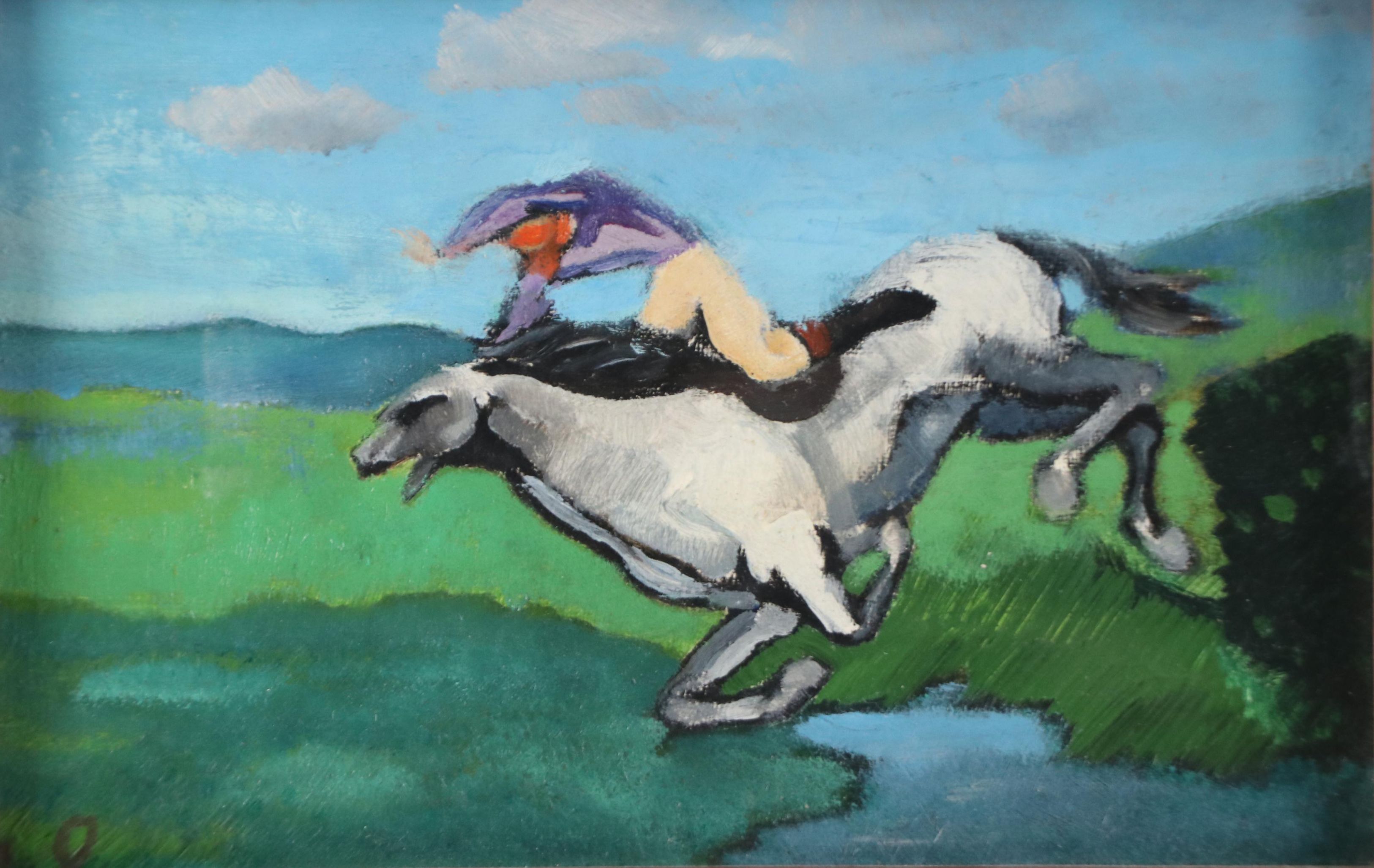 Emmanuel Lamotte Equestrian Oil Painting "Chute de Cheval," 20th Century