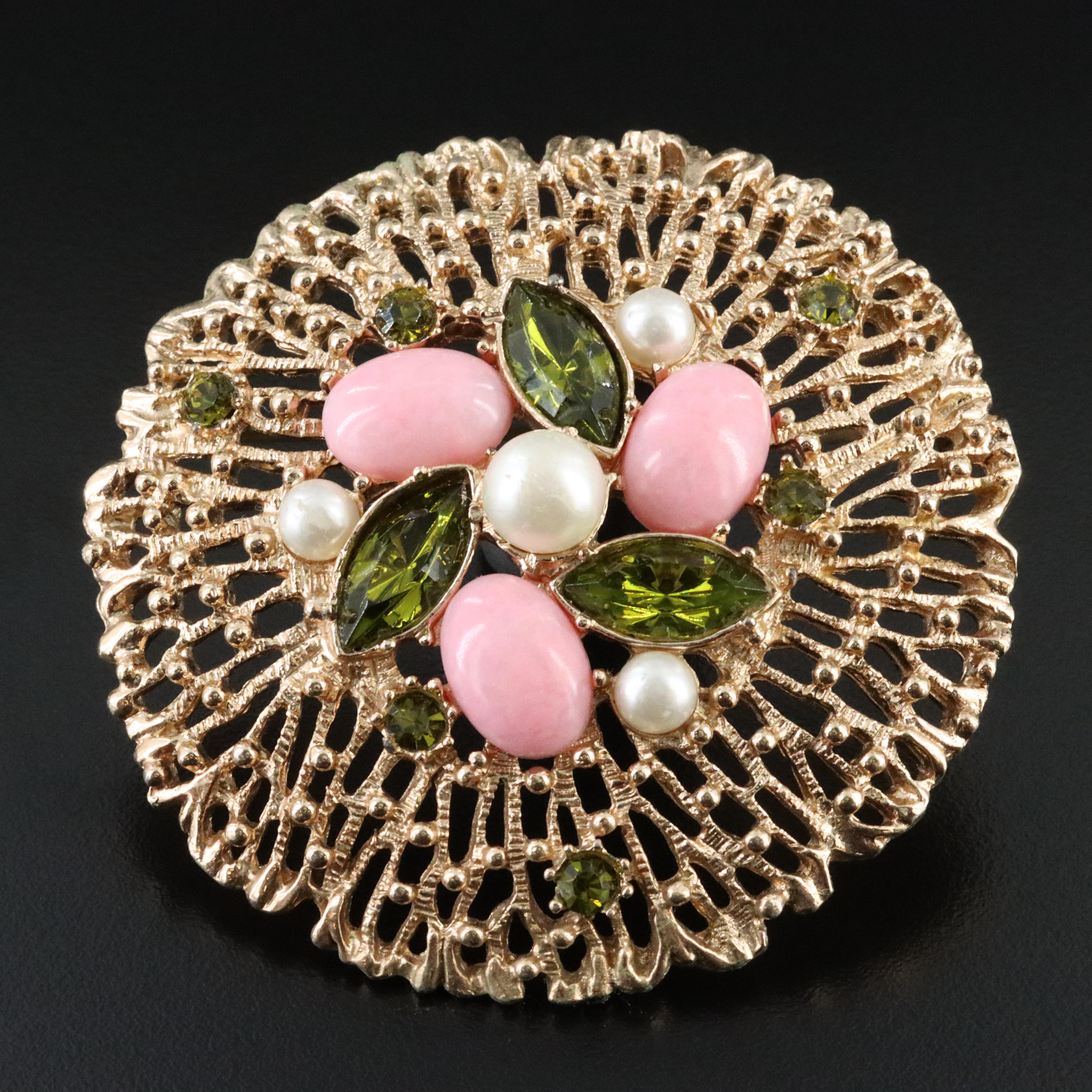 Sarah Coventry Rhinestone and Faux Pearl Openwork  Brooch