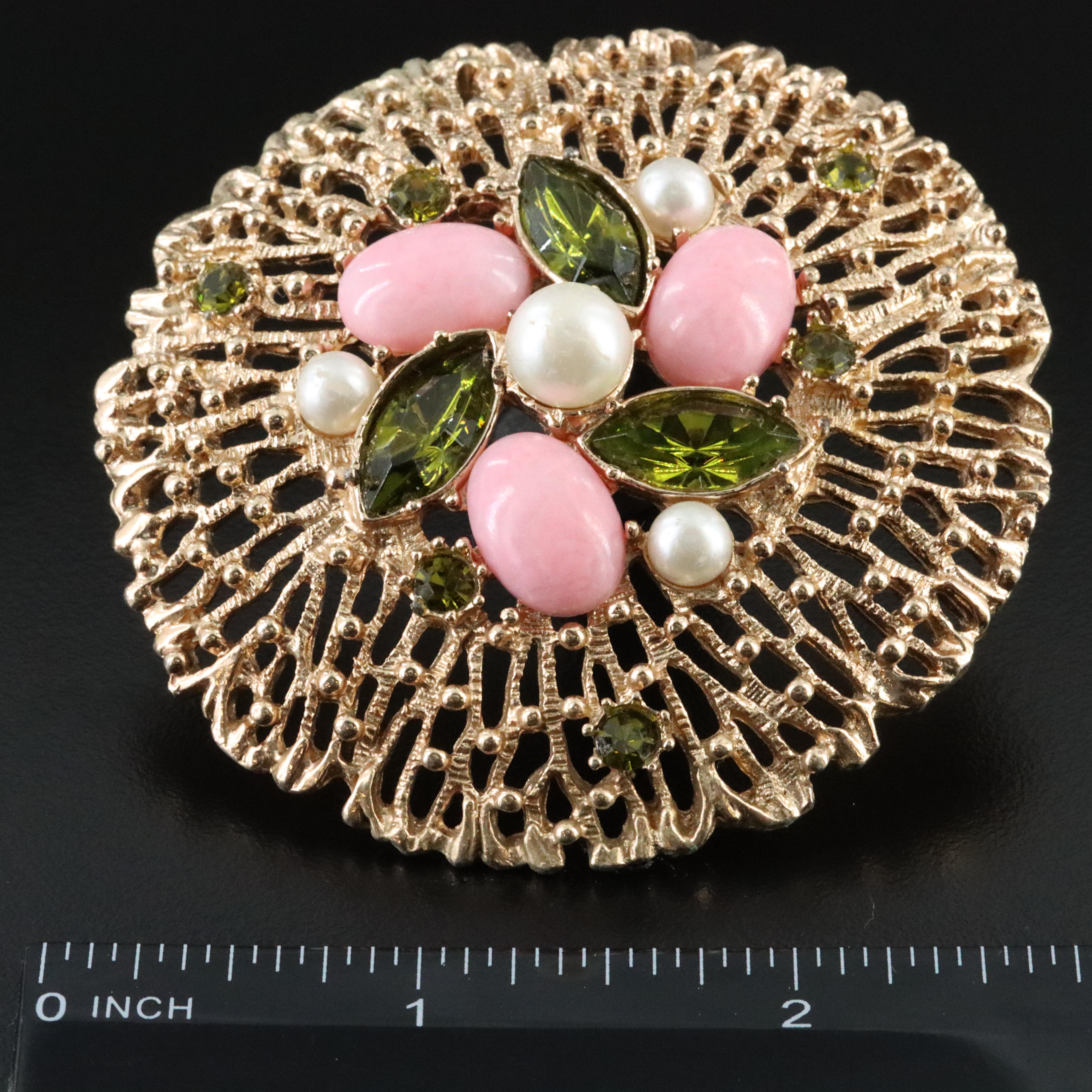 Sarah Coventry Rhinestone and Faux Pearl Openwork  Brooch