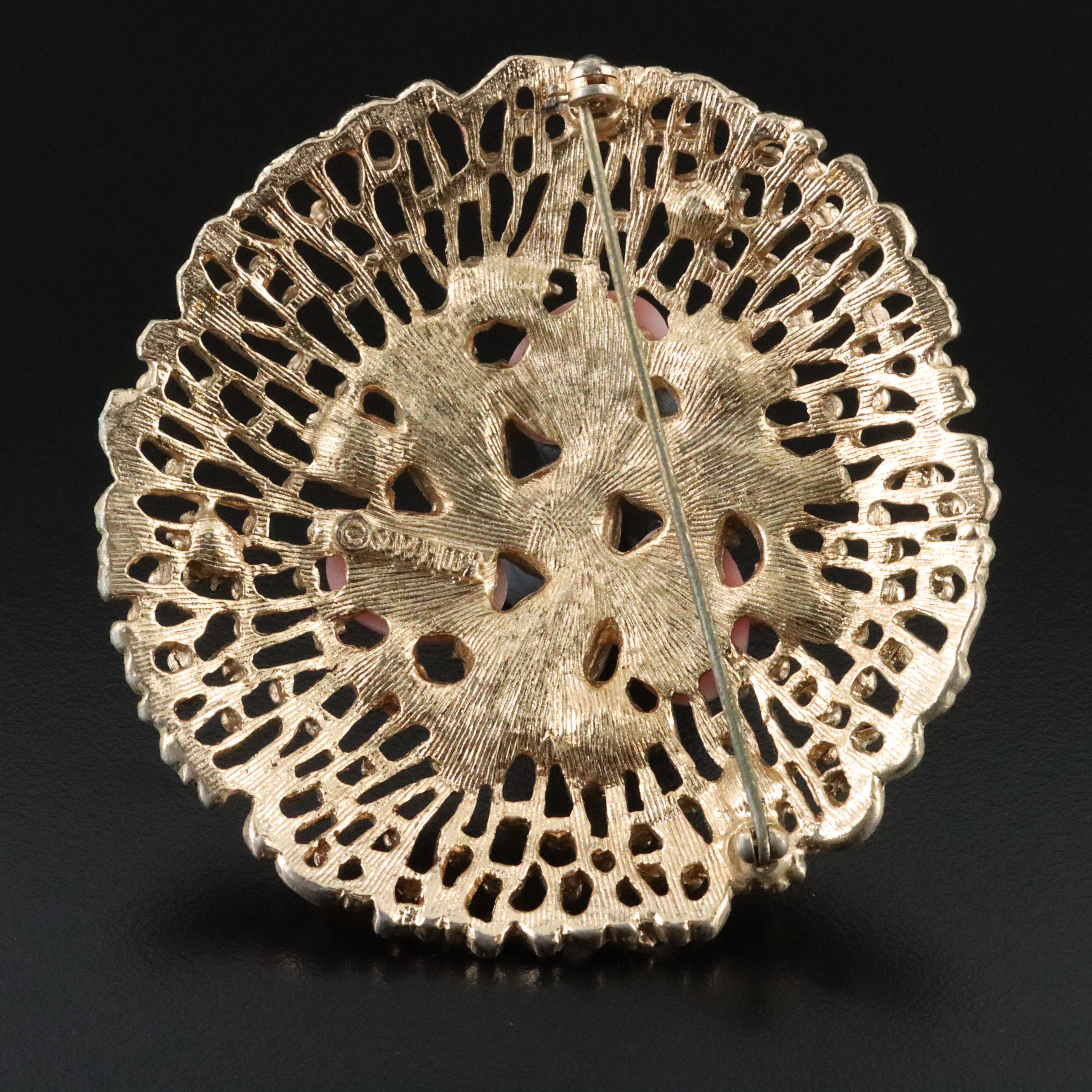 Sarah Coventry Rhinestone and Faux Pearl Openwork  Brooch