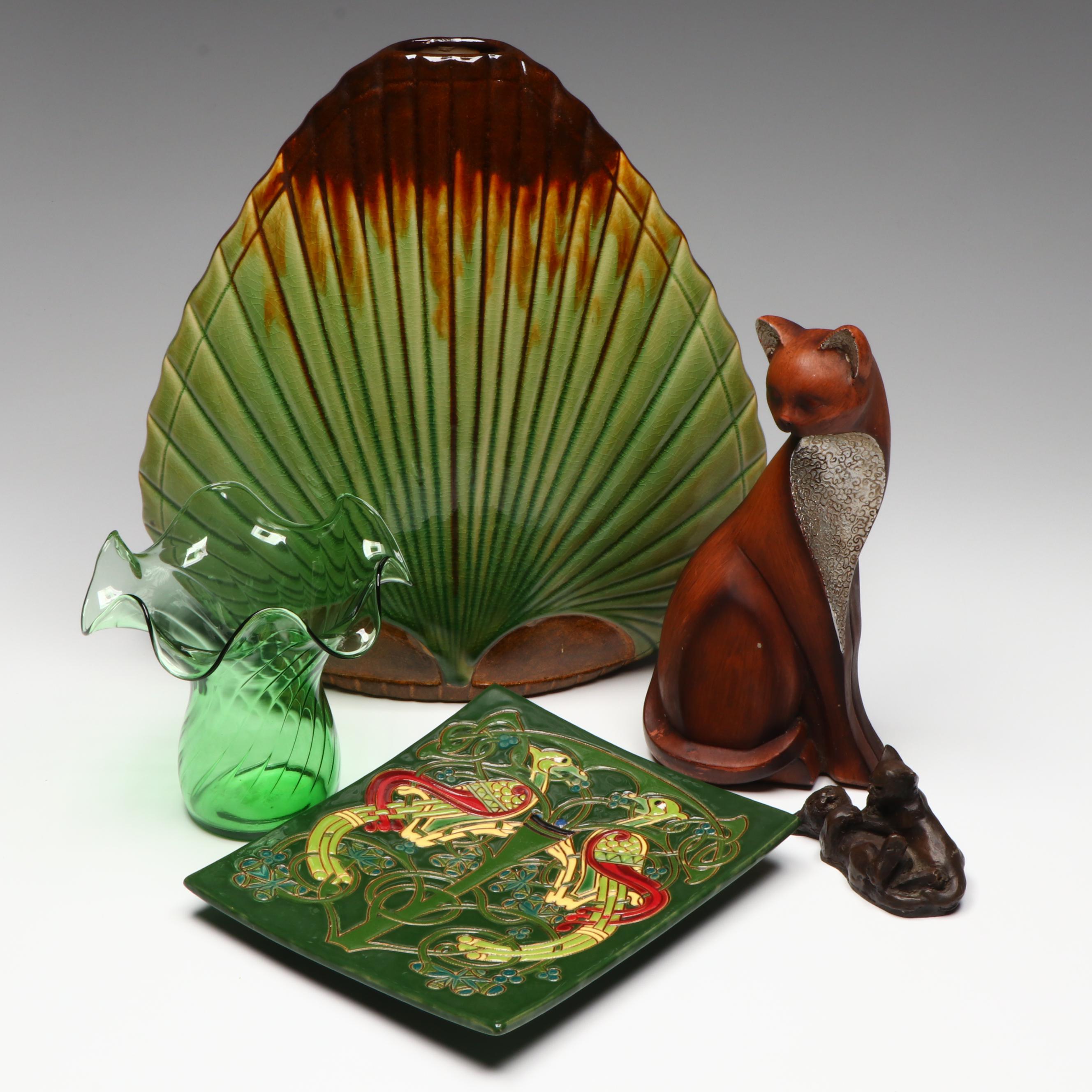 Celtic Style Ceramic Plate with Green Glass and Ceramic Vases, Cat Figurines