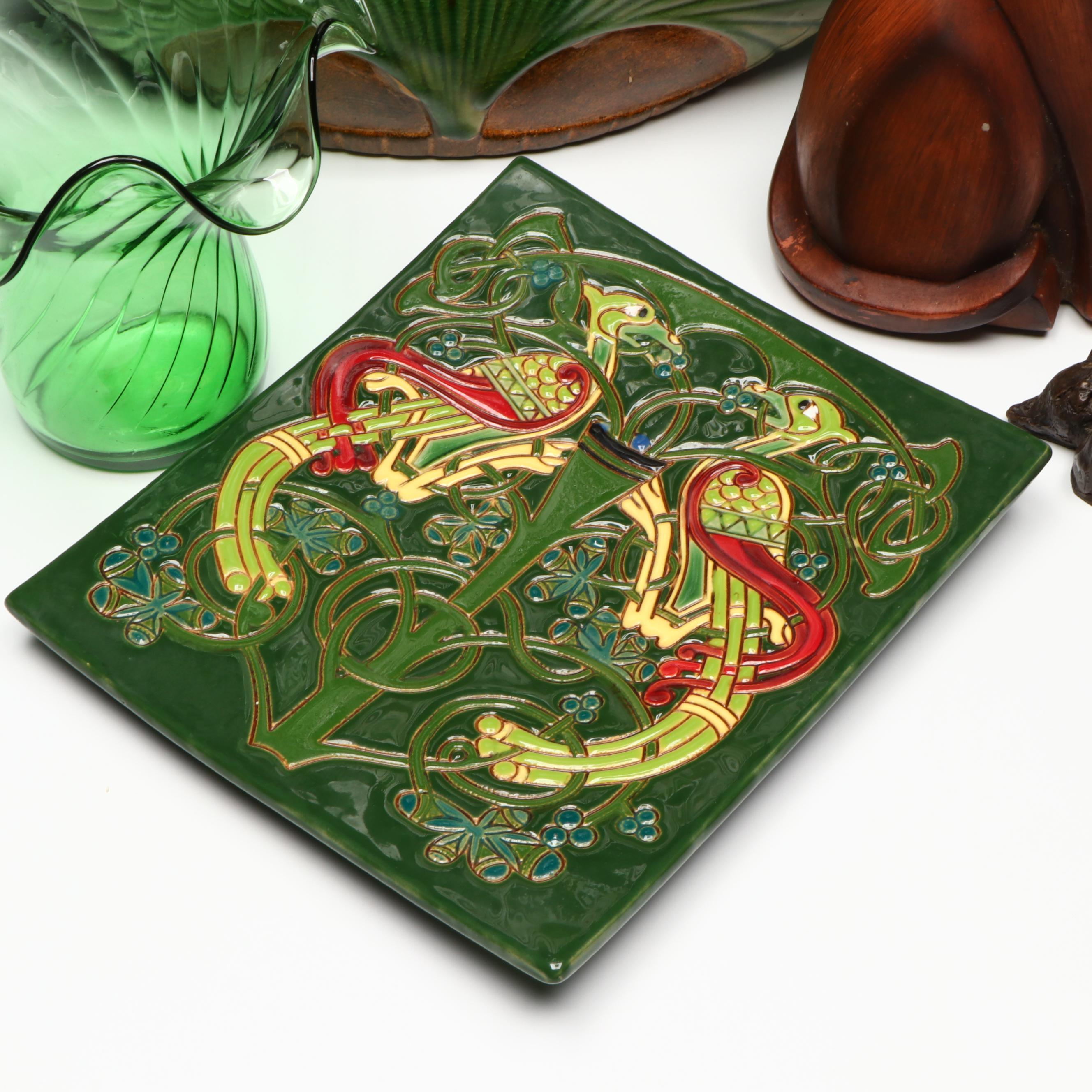 Celtic Style Ceramic Plate with Green Glass and Ceramic Vases, Cat Figurines