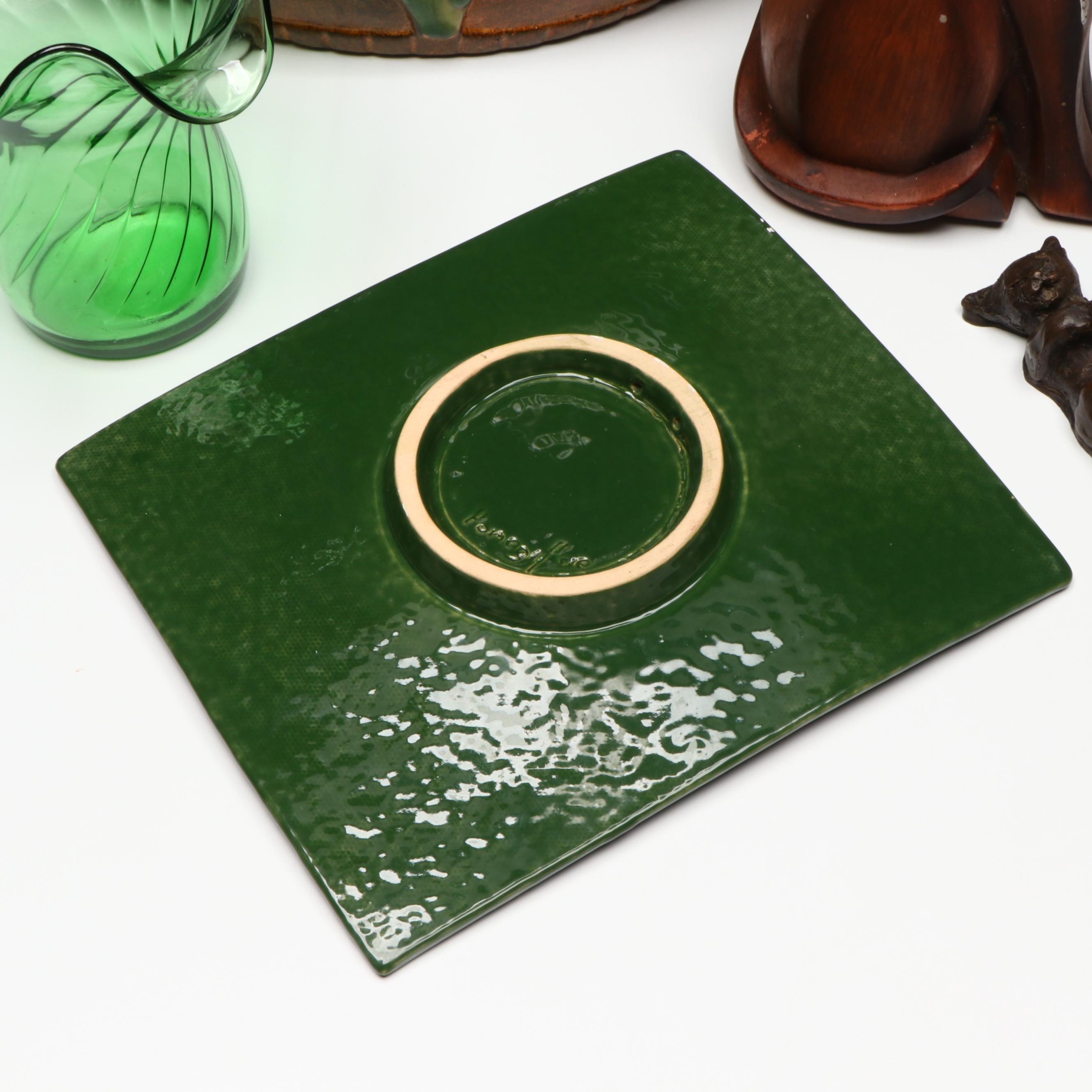 Celtic Style Ceramic Plate with Green Glass and Ceramic Vases, Cat Figurines