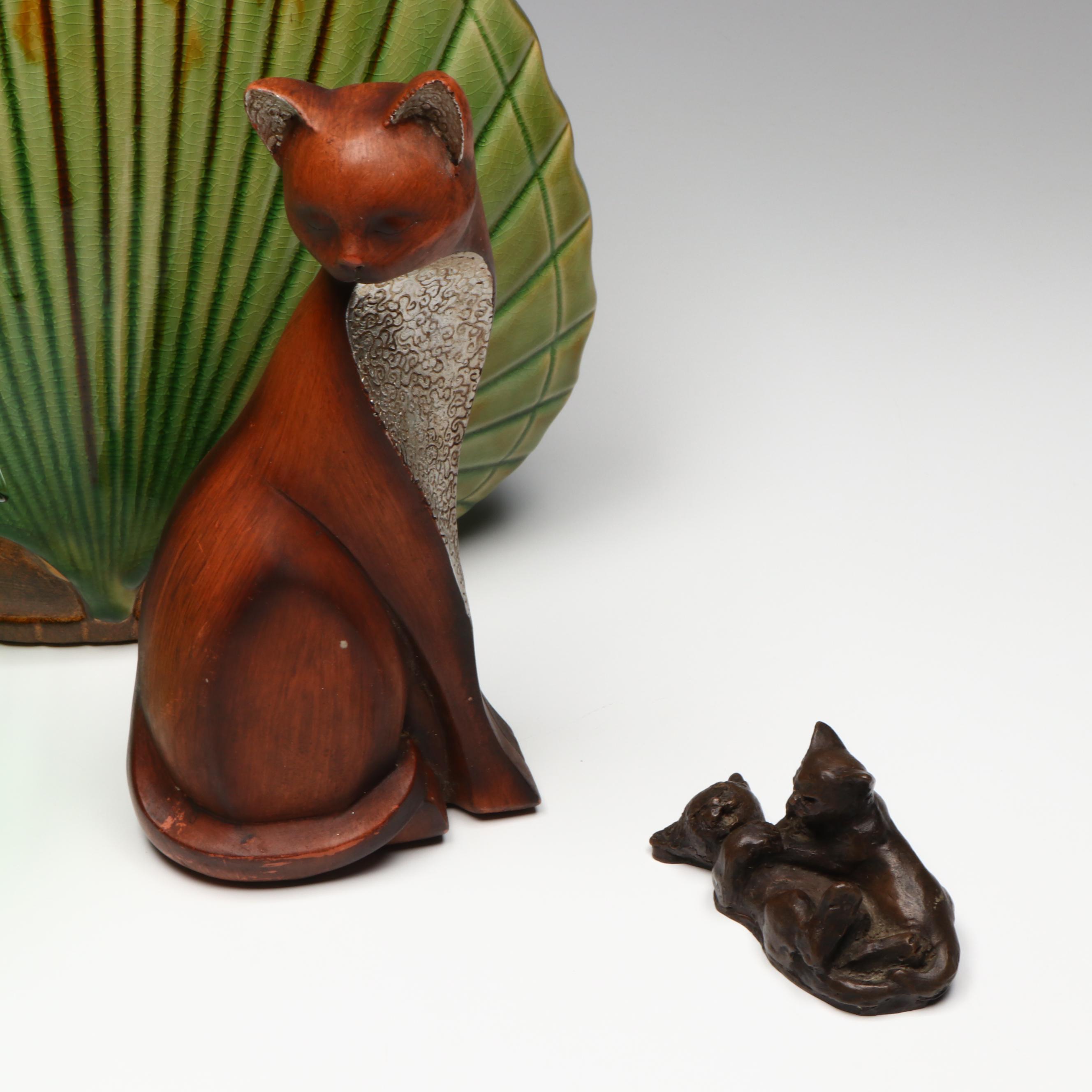 Celtic Style Ceramic Plate with Green Glass and Ceramic Vases, Cat Figurines