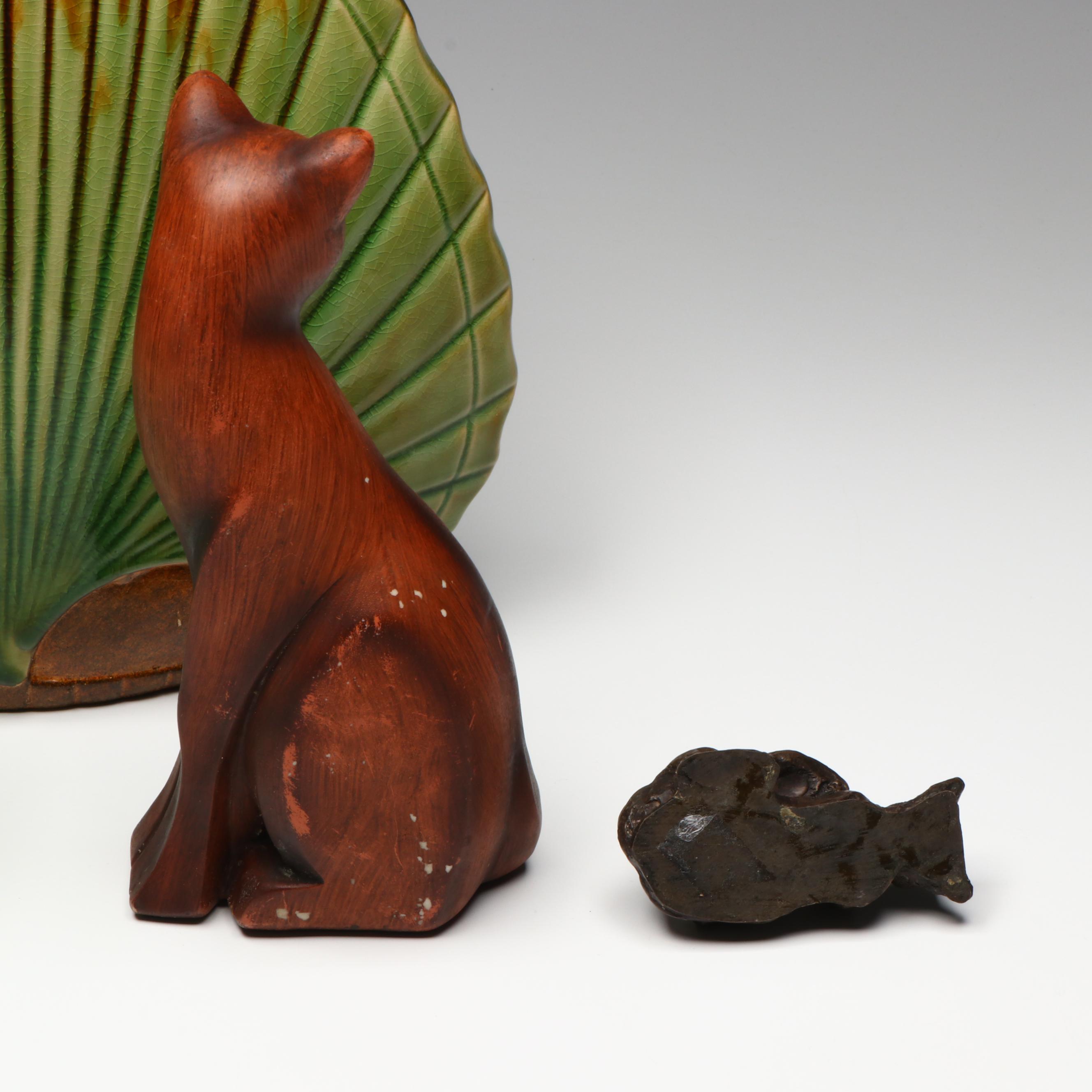 Celtic Style Ceramic Plate with Green Glass and Ceramic Vases, Cat Figurines