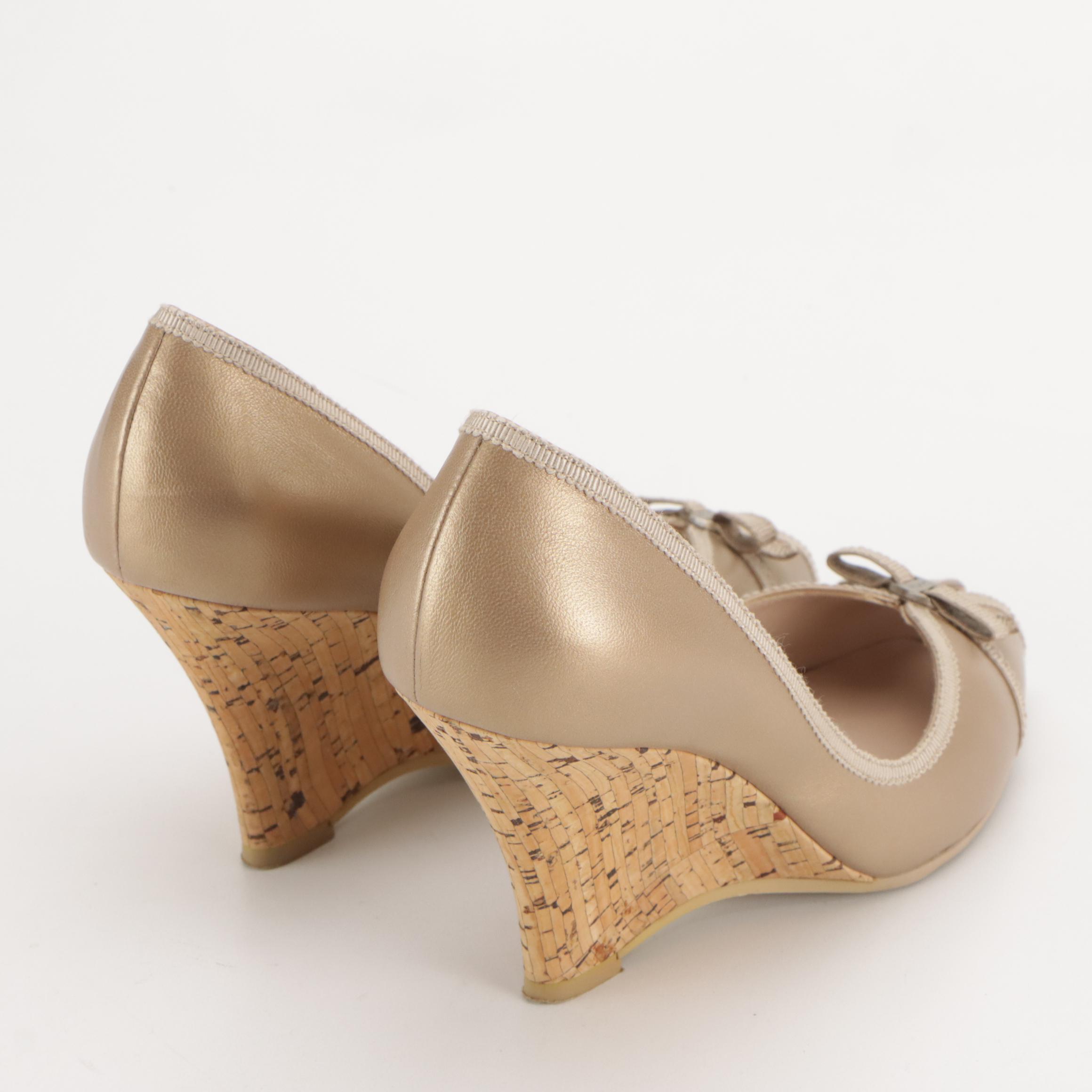 Salvatore Ferragamo Cork Bow Wedges in Shimmery Calfskin Leather, With Box