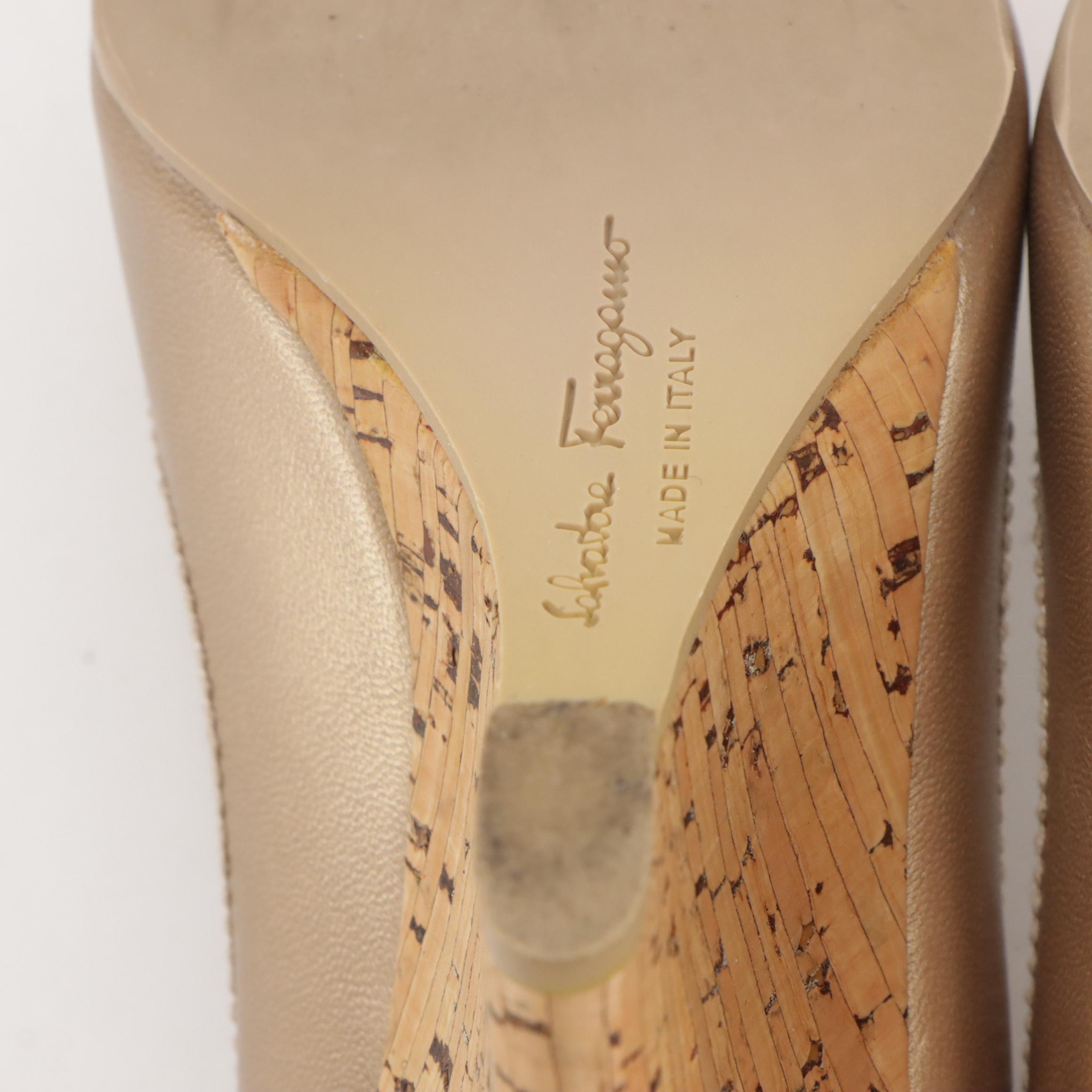 Salvatore Ferragamo Cork Bow Wedges in Shimmery Calfskin Leather, With Box