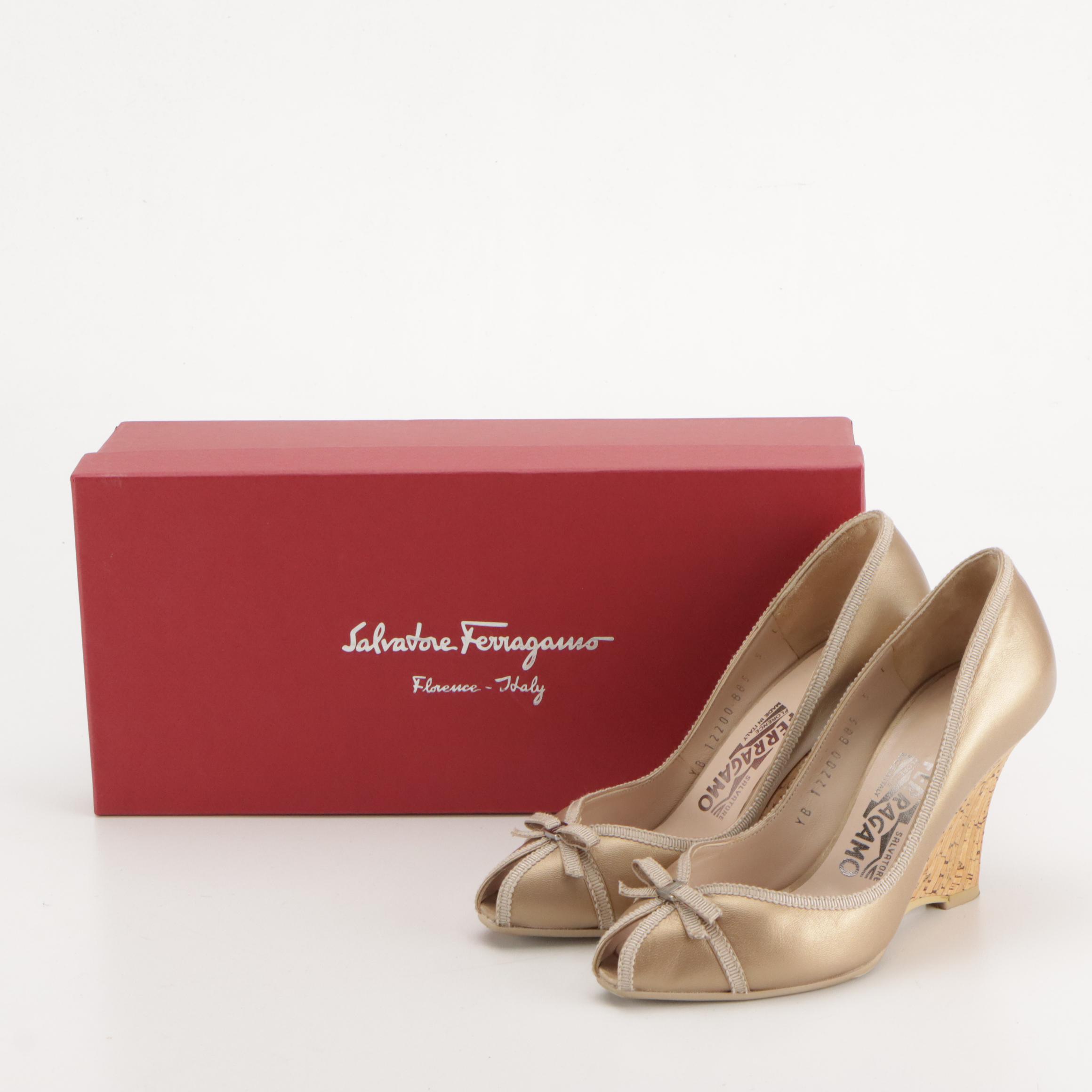 Salvatore Ferragamo Cork Bow Wedges in Shimmery Calfskin Leather, With Box