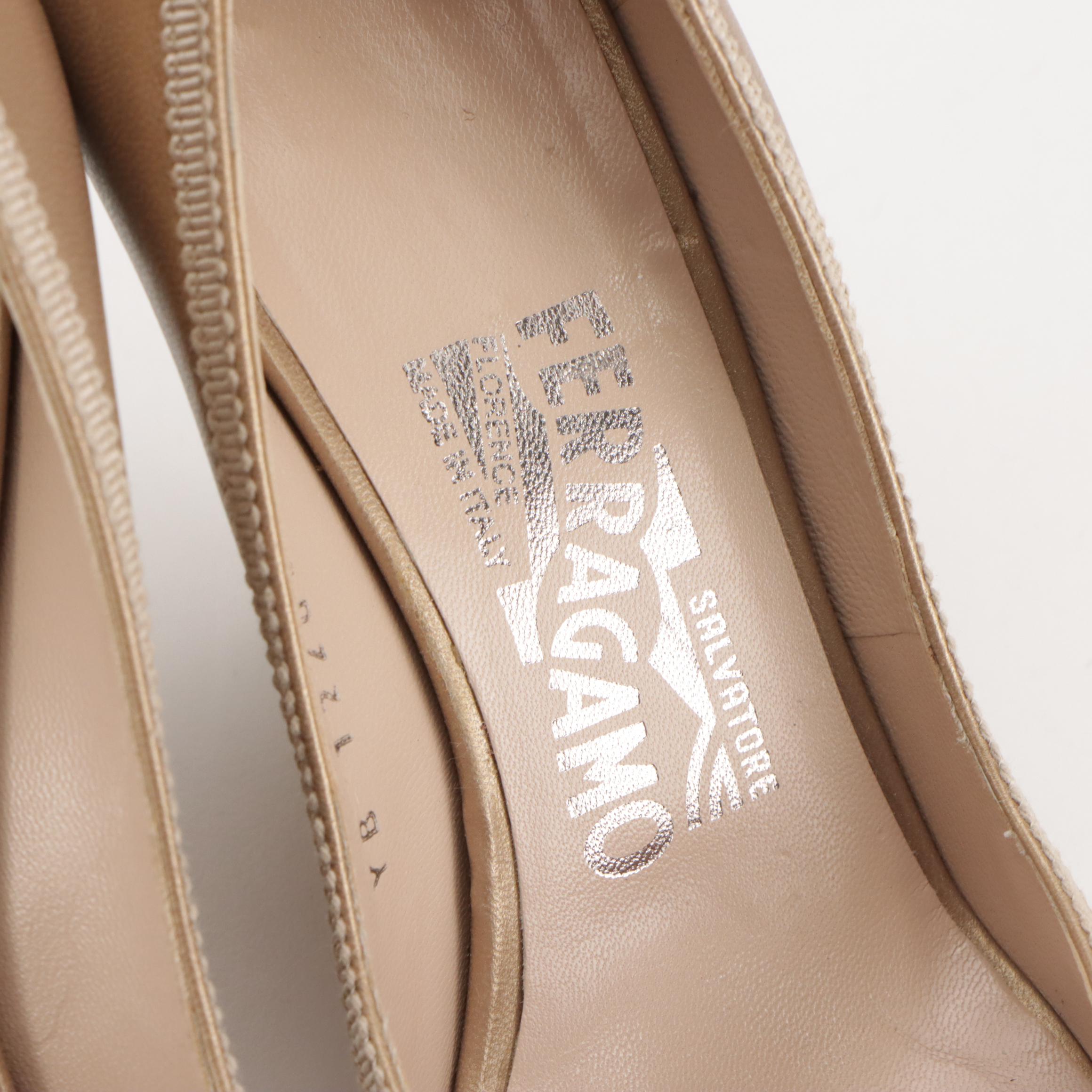 Salvatore Ferragamo Cork Bow Wedges in Shimmery Calfskin Leather, With Box