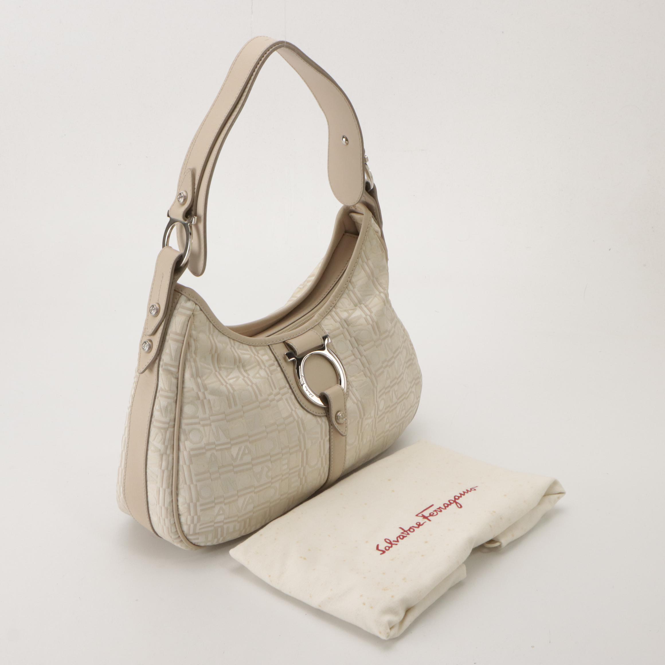 Salvatore Ferragamo Gancini Shoulder Bag in Logo Jacquard and Bone Leather Trim