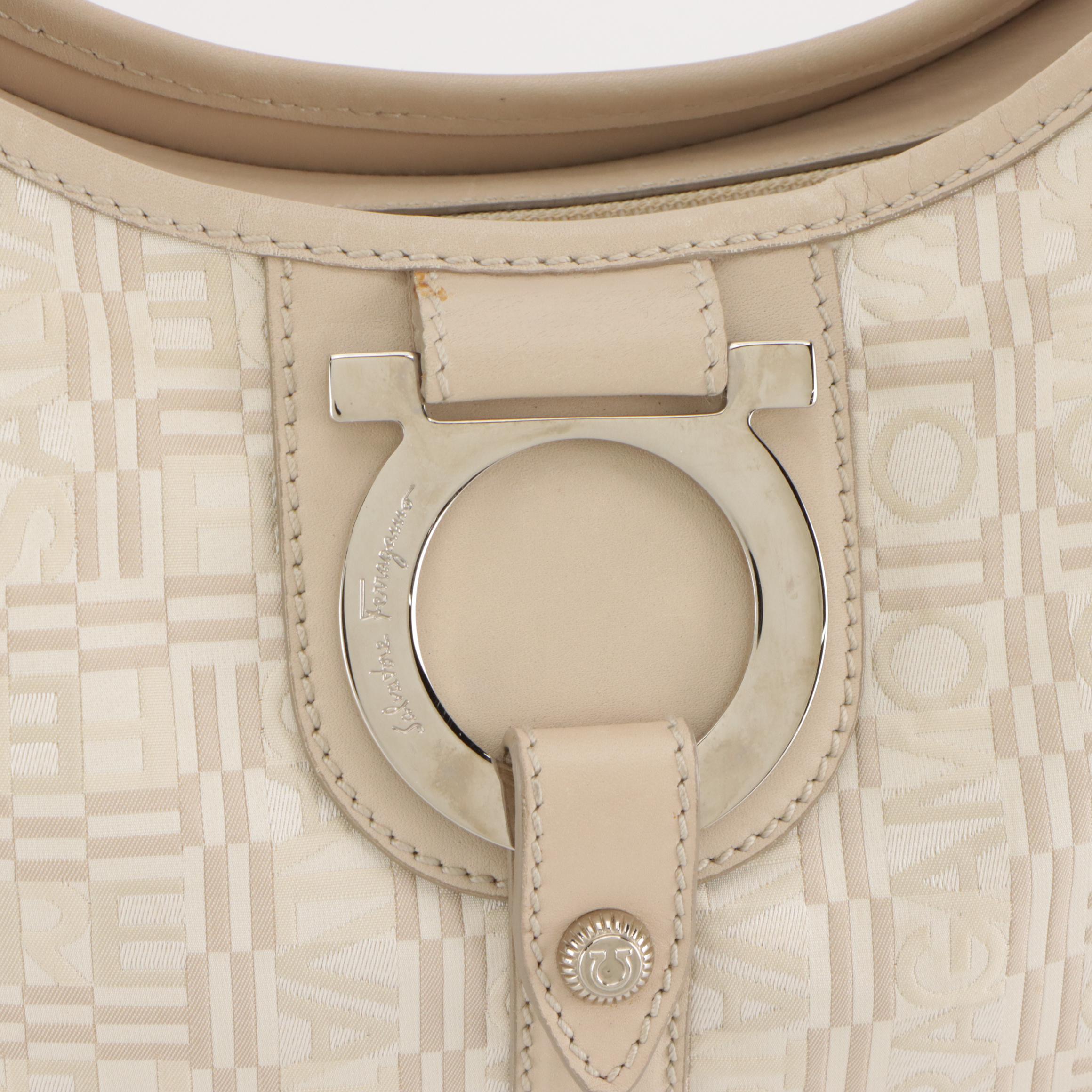 Salvatore Ferragamo Gancini Shoulder Bag in Logo Jacquard and Bone Leather Trim