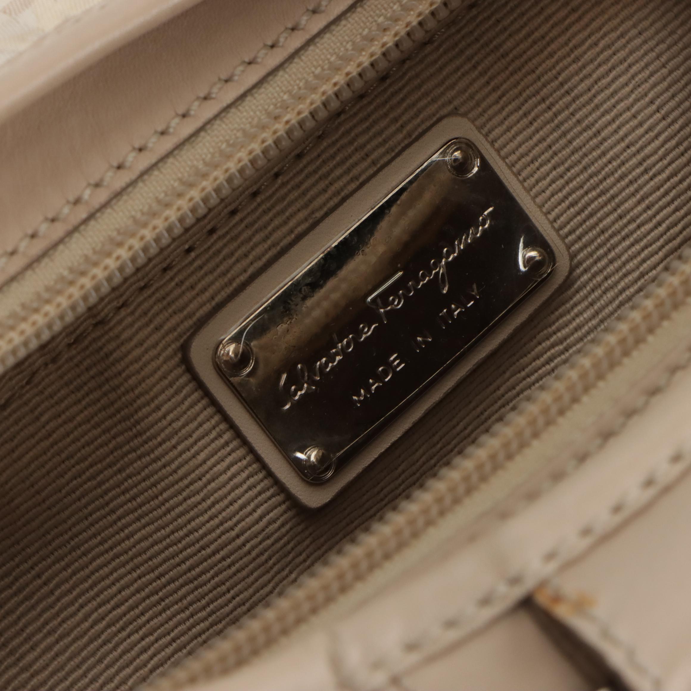 Salvatore Ferragamo Gancini Shoulder Bag in Logo Jacquard and Bone Leather Trim