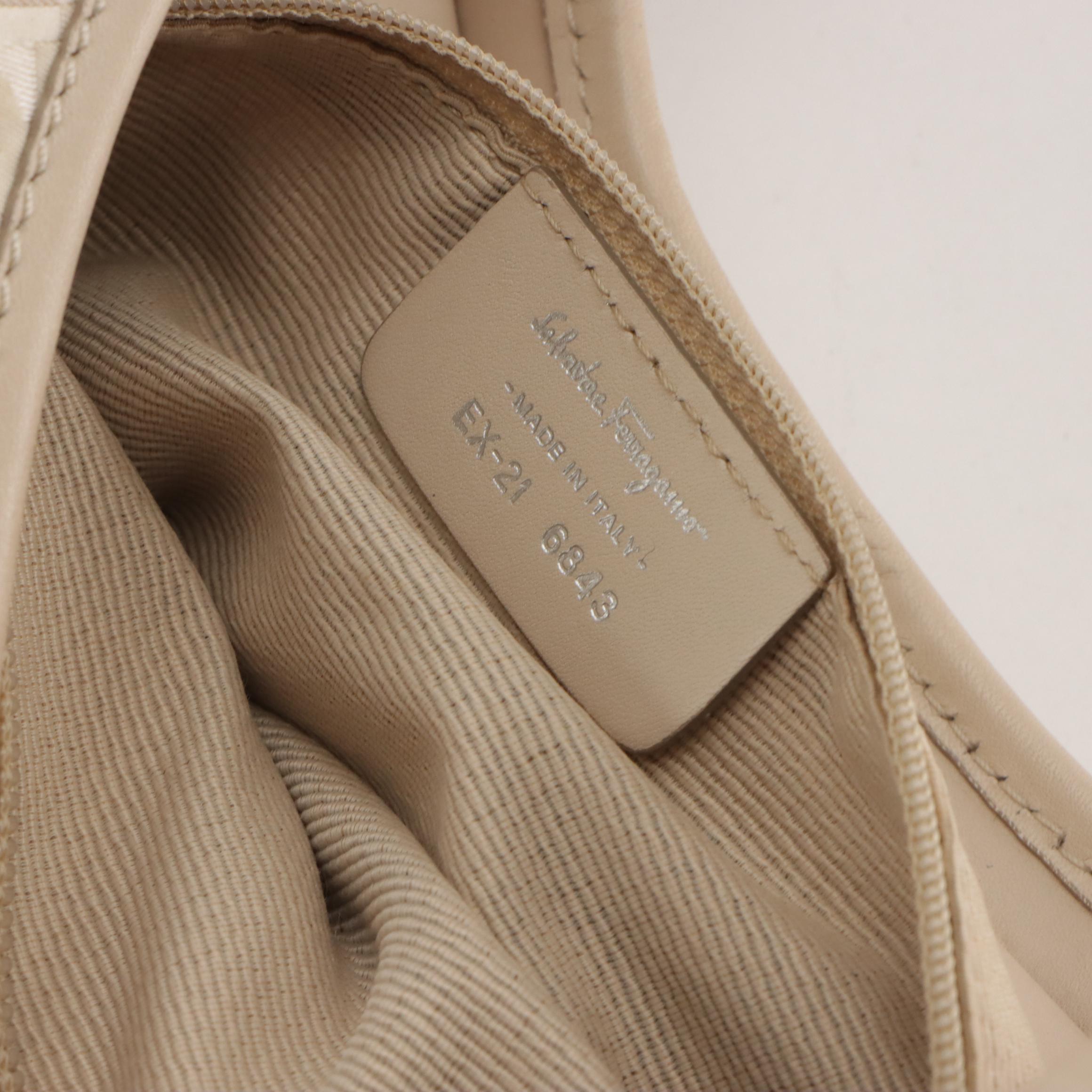 Salvatore Ferragamo Gancini Shoulder Bag in Logo Jacquard and Bone Leather Trim