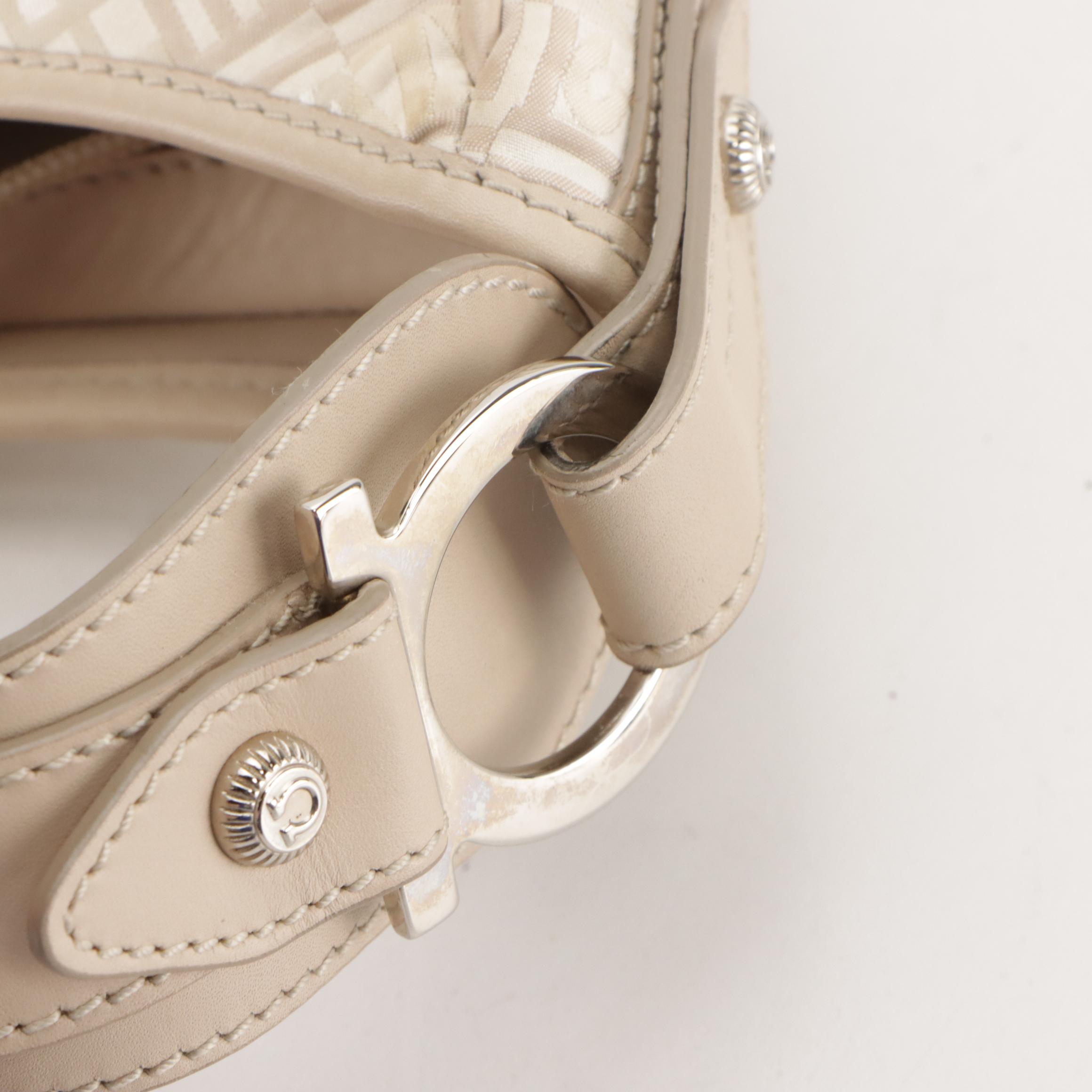 Salvatore Ferragamo Gancini Shoulder Bag in Logo Jacquard and Bone Leather Trim