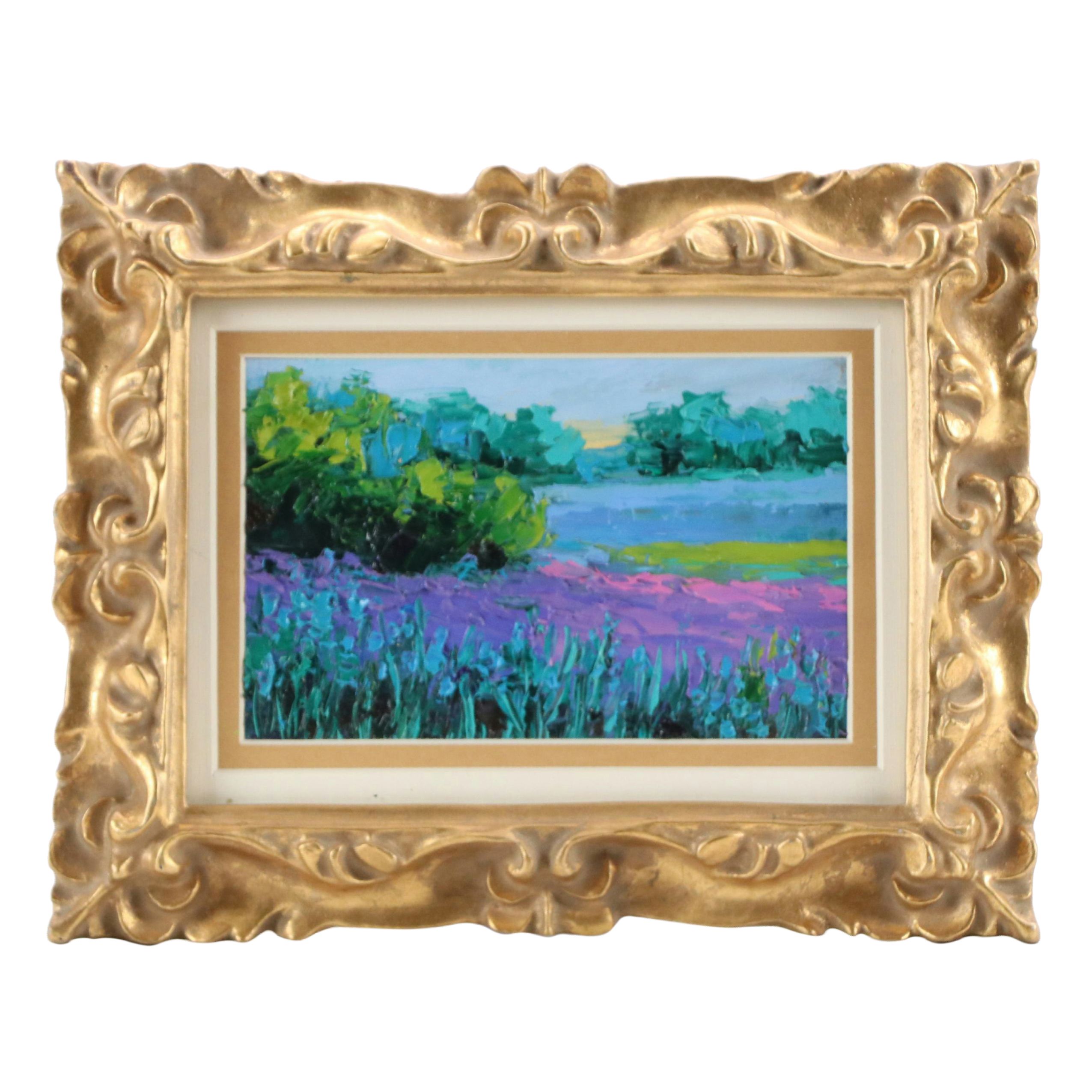 Julia Herrero-Utiasheva Miniature Impasto Oil Painting "Lavender Landscape"