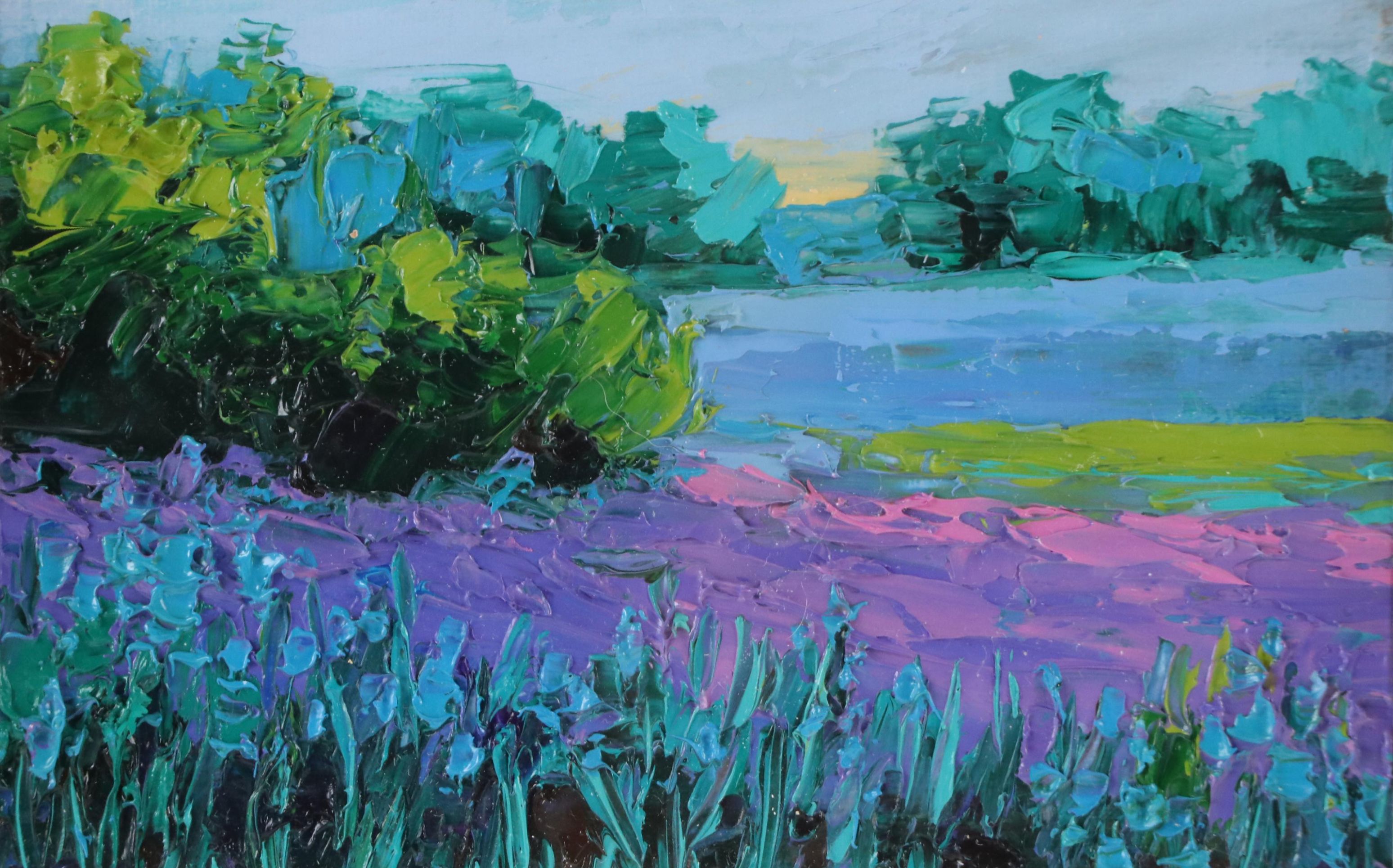 Julia Herrero-Utiasheva Miniature Impasto Oil Painting "Lavender Landscape"