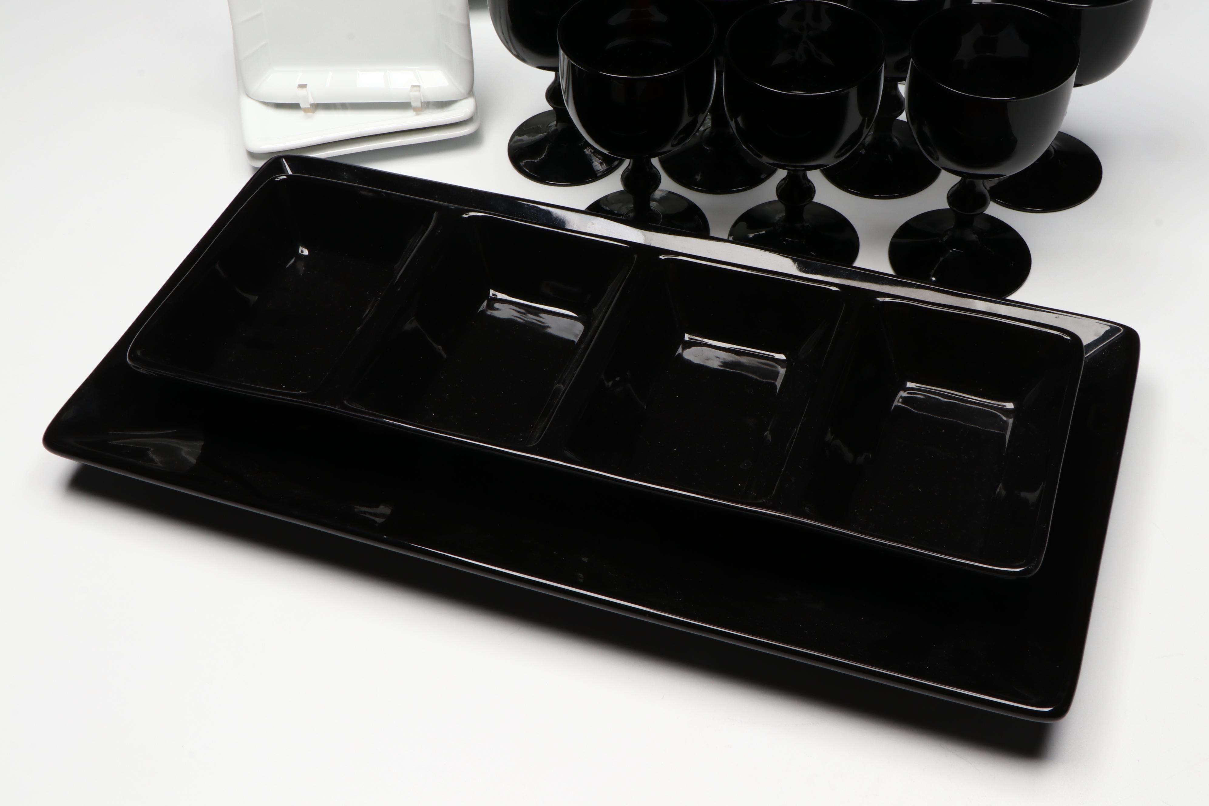 Raymond Waites Ceramic Tray, Black Glass Stemware, and More Tableware