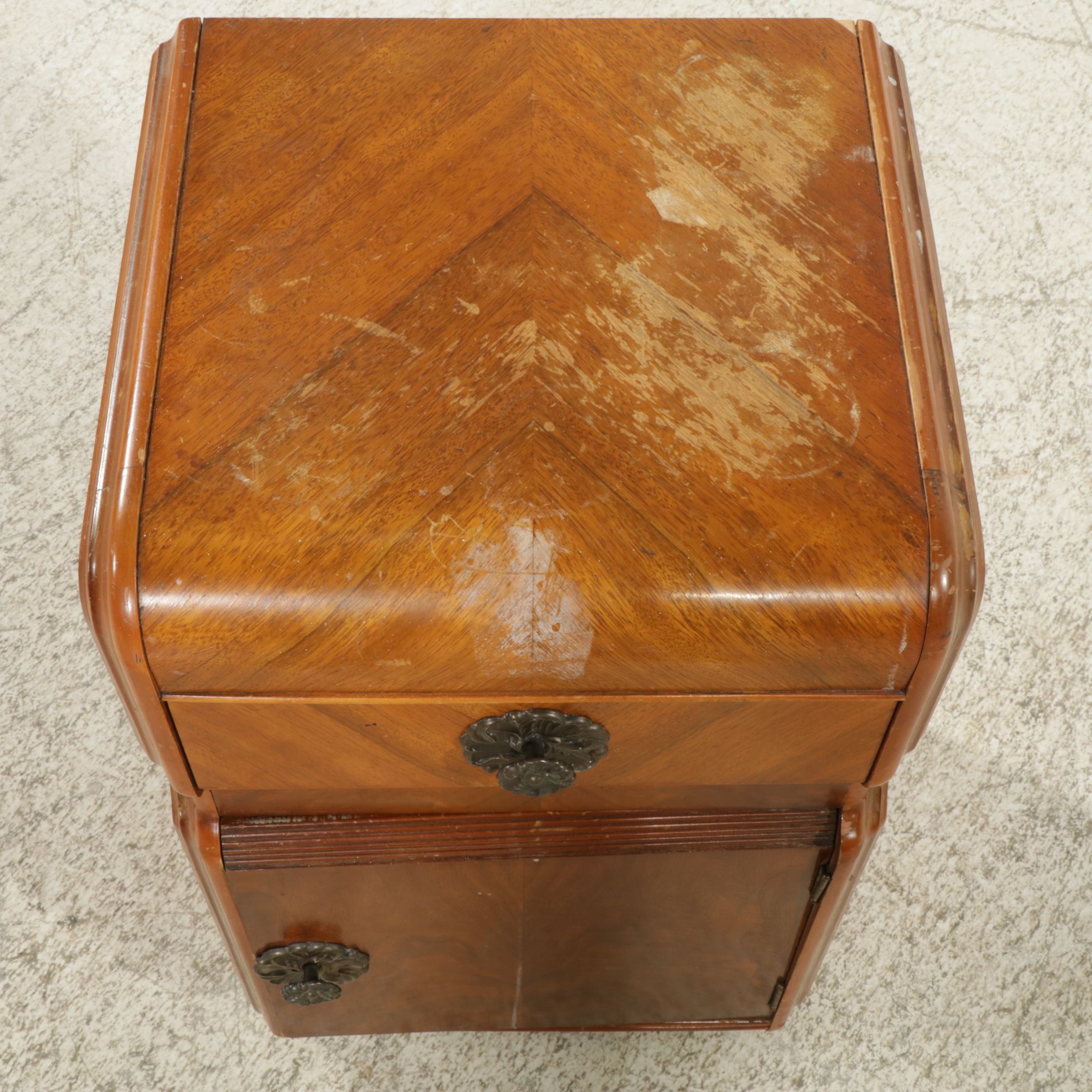 Art Deco Waterfall Front Nightstand with Geometric Mahogany Veneer