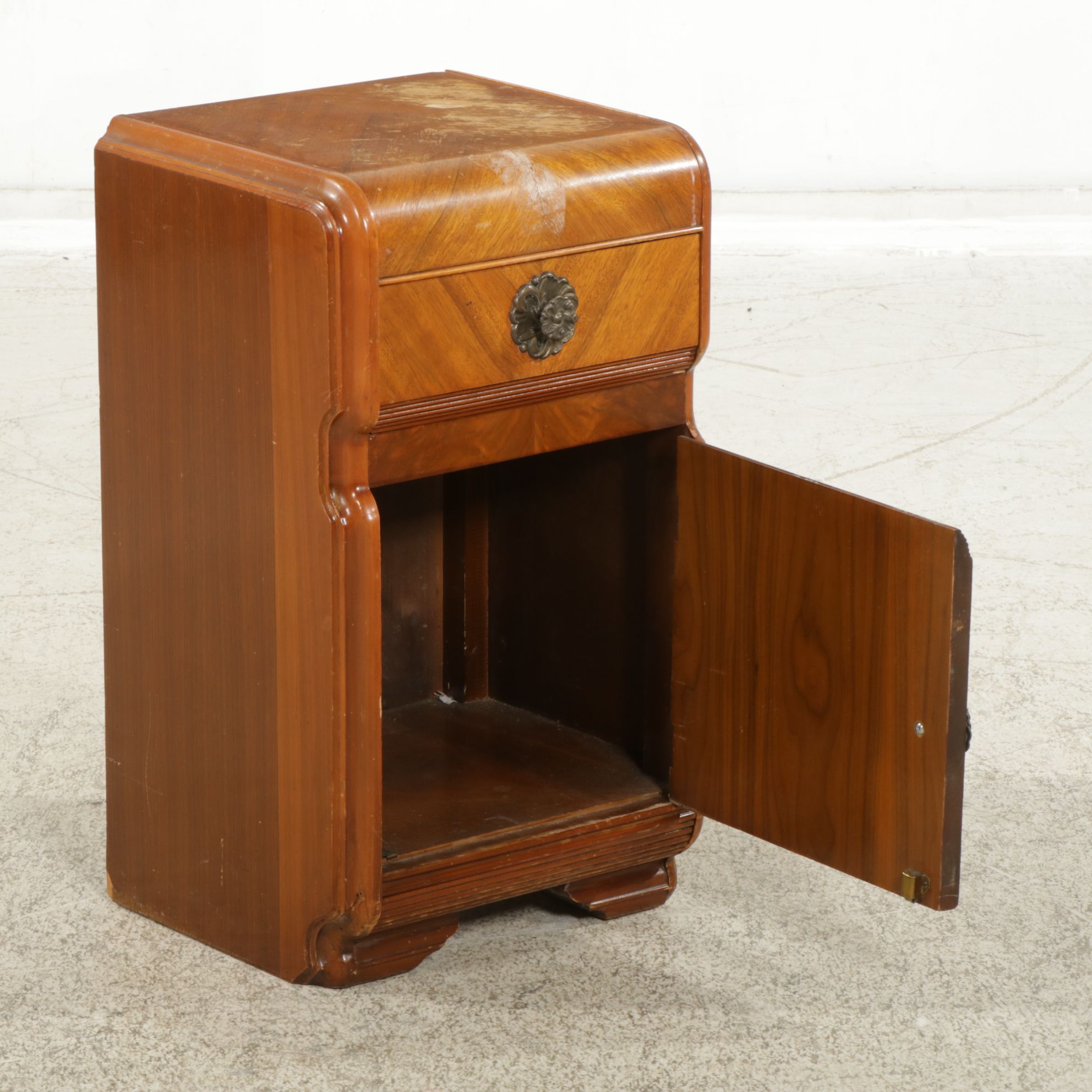 Art Deco Waterfall Front Nightstand with Geometric Mahogany Veneer