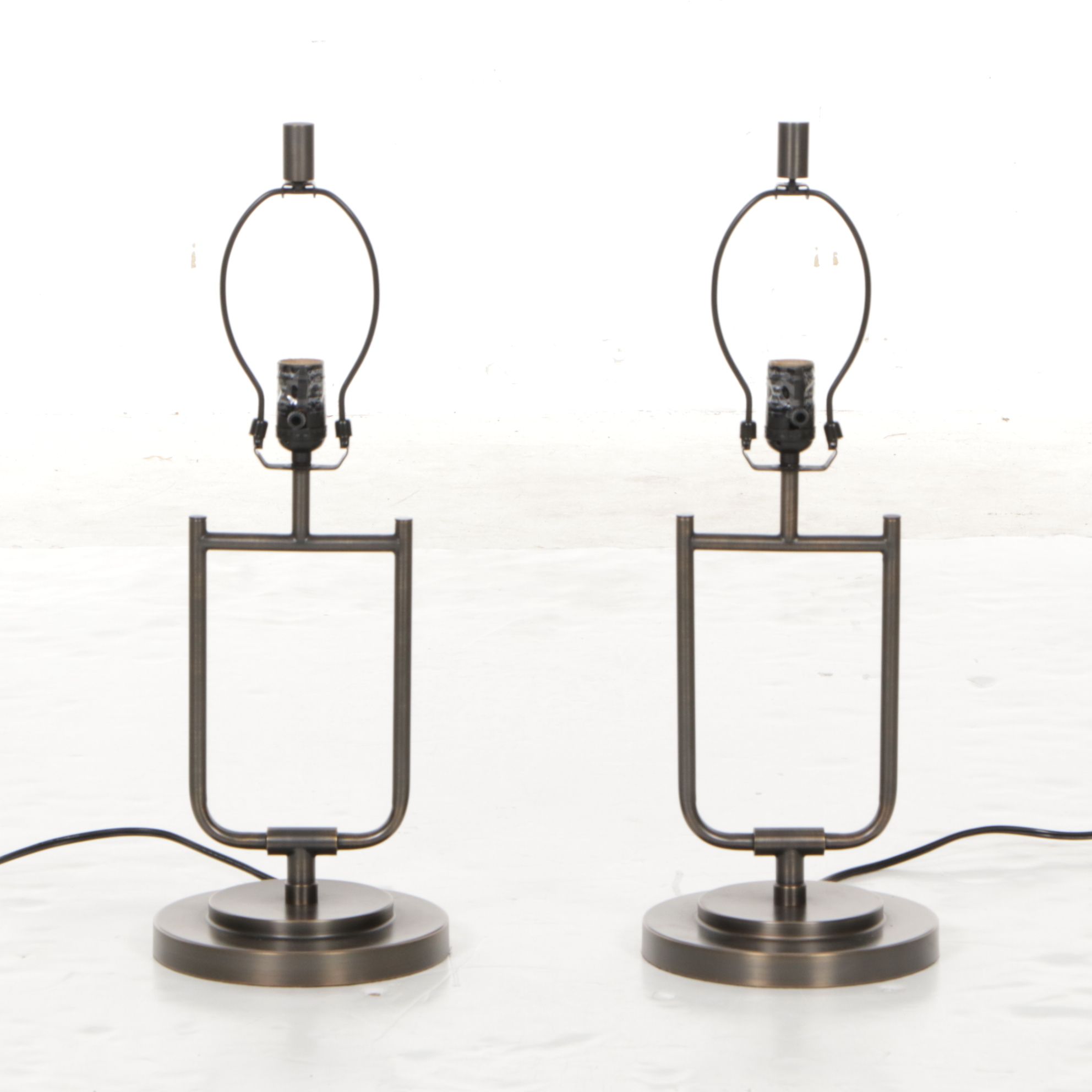 Pair of Oil Rubbed Bronze Tube Table Lamps with Linen Drum Shades, 2018