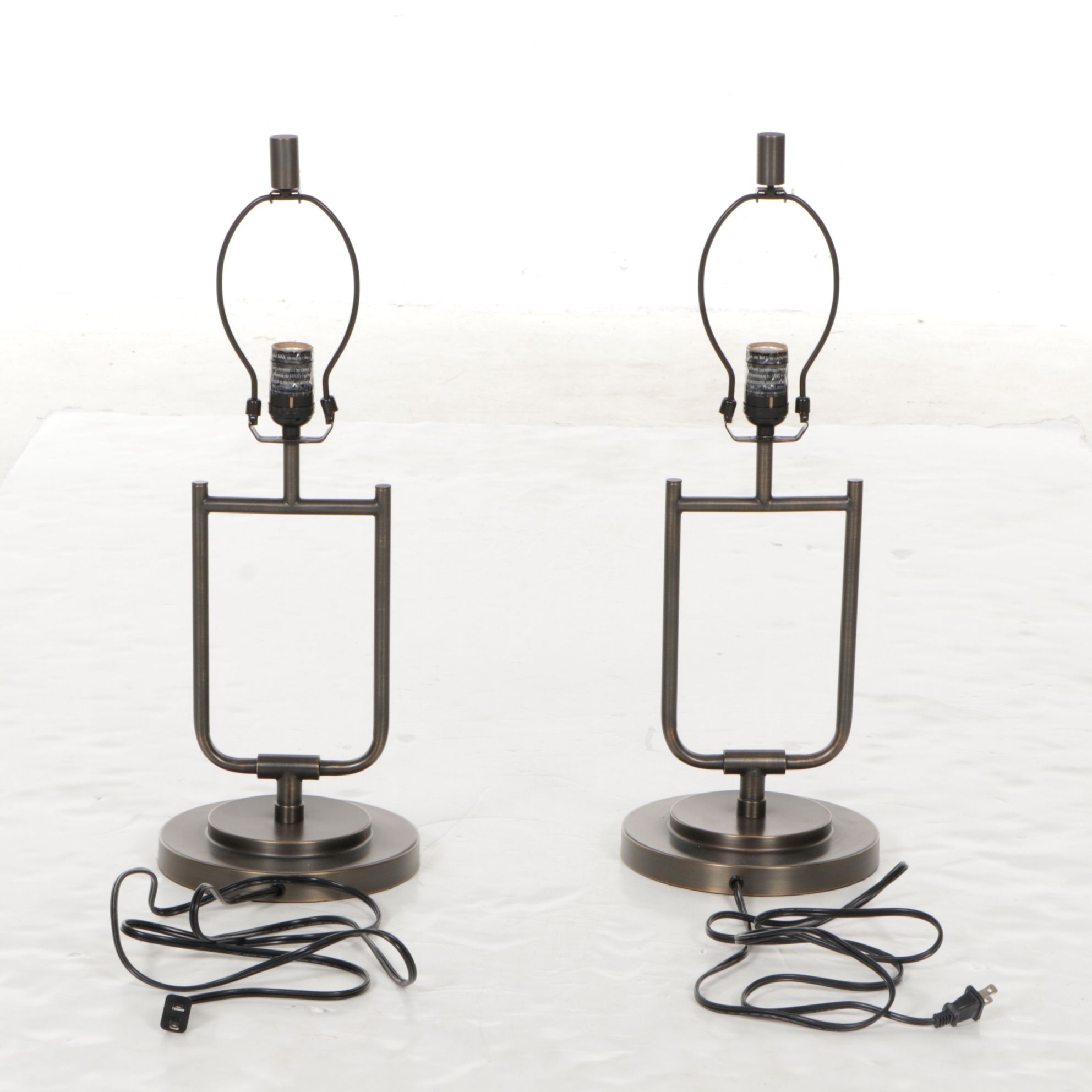 Pair of Oil Rubbed Bronze Tube Table Lamps with Linen Drum Shades, 2018