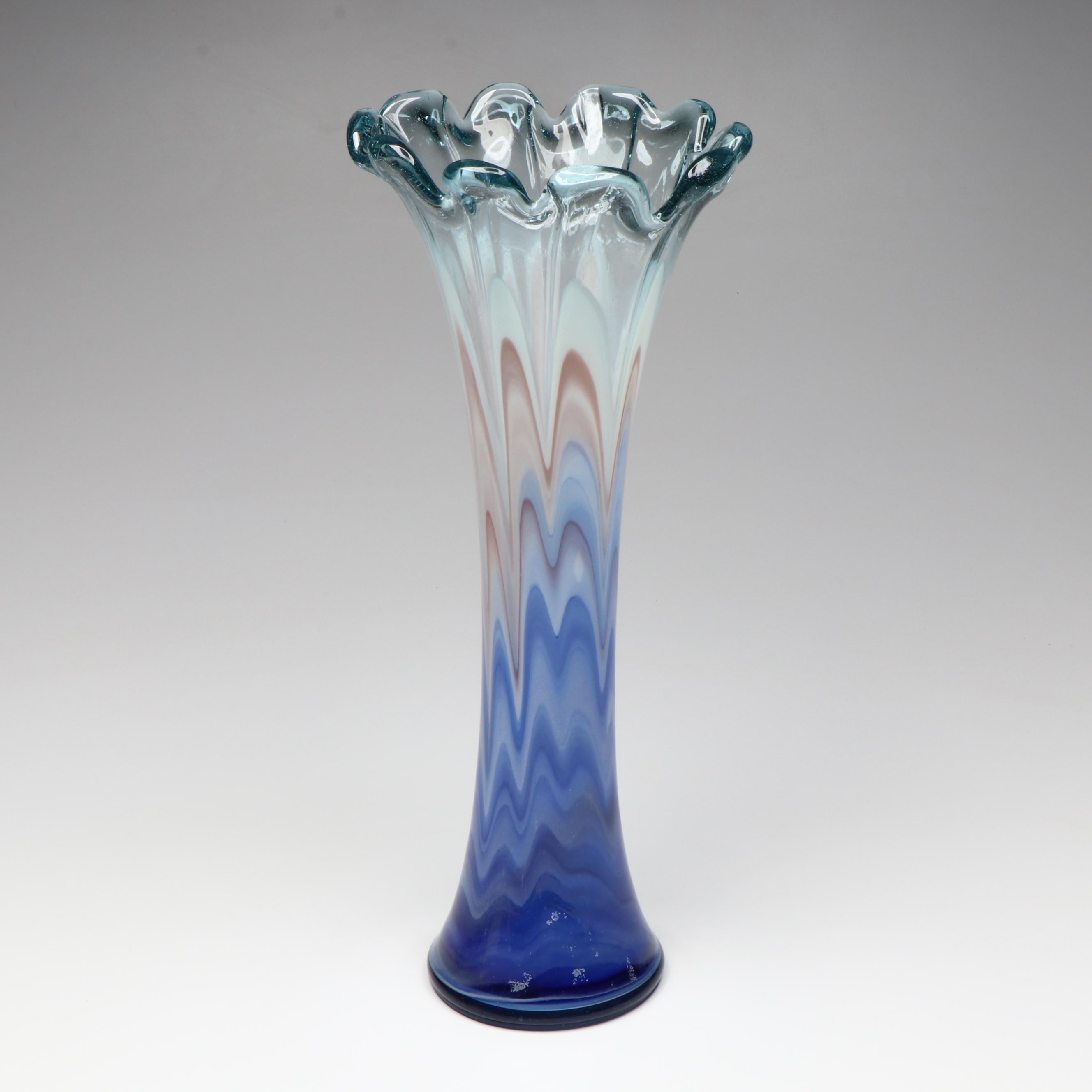Handblown Blue and White Feather-Picked Glass Vase