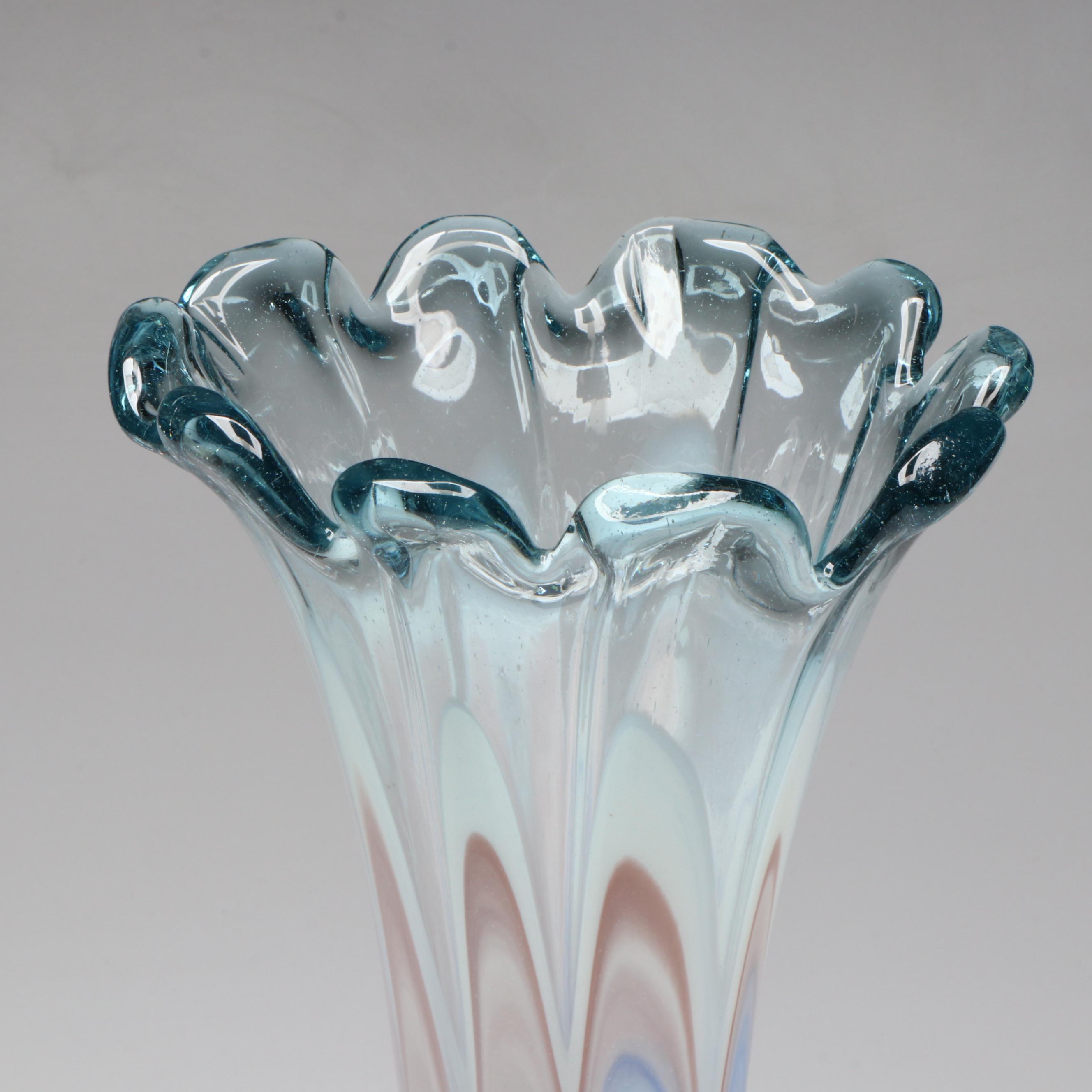 Handblown Blue and White Feather-Picked Glass Vase